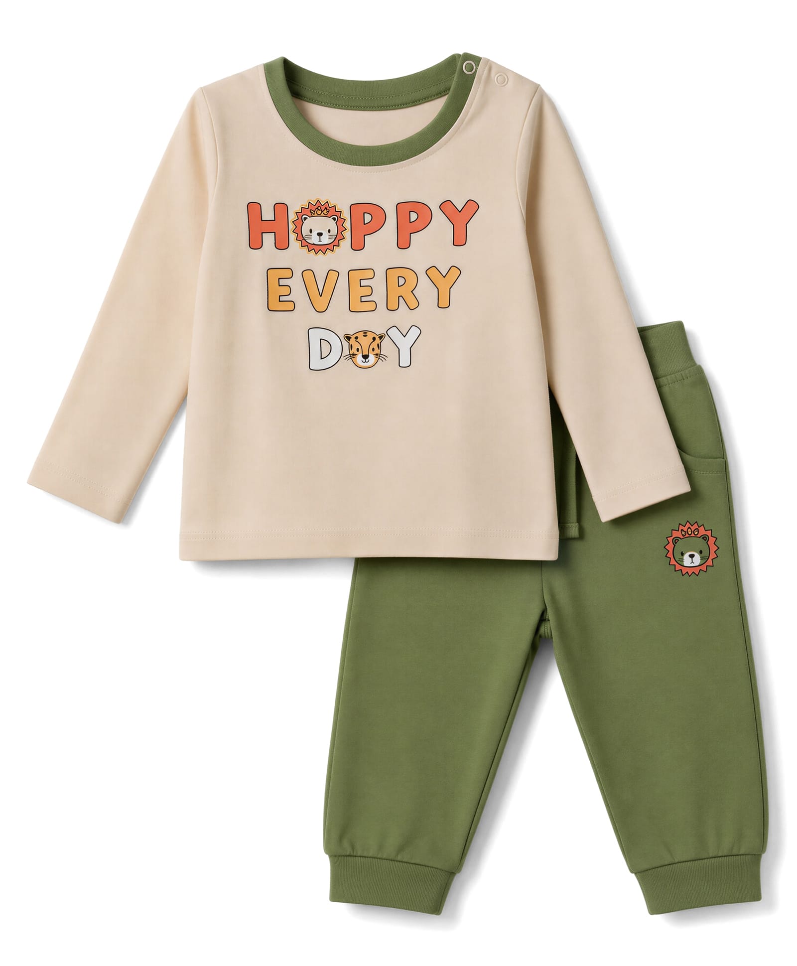 Doodle Poodle 100% Cotton Knit Full Sleeves Text & Animals Printed T-Shirt & Trouser Set - Olive Green & Beige-picture-35