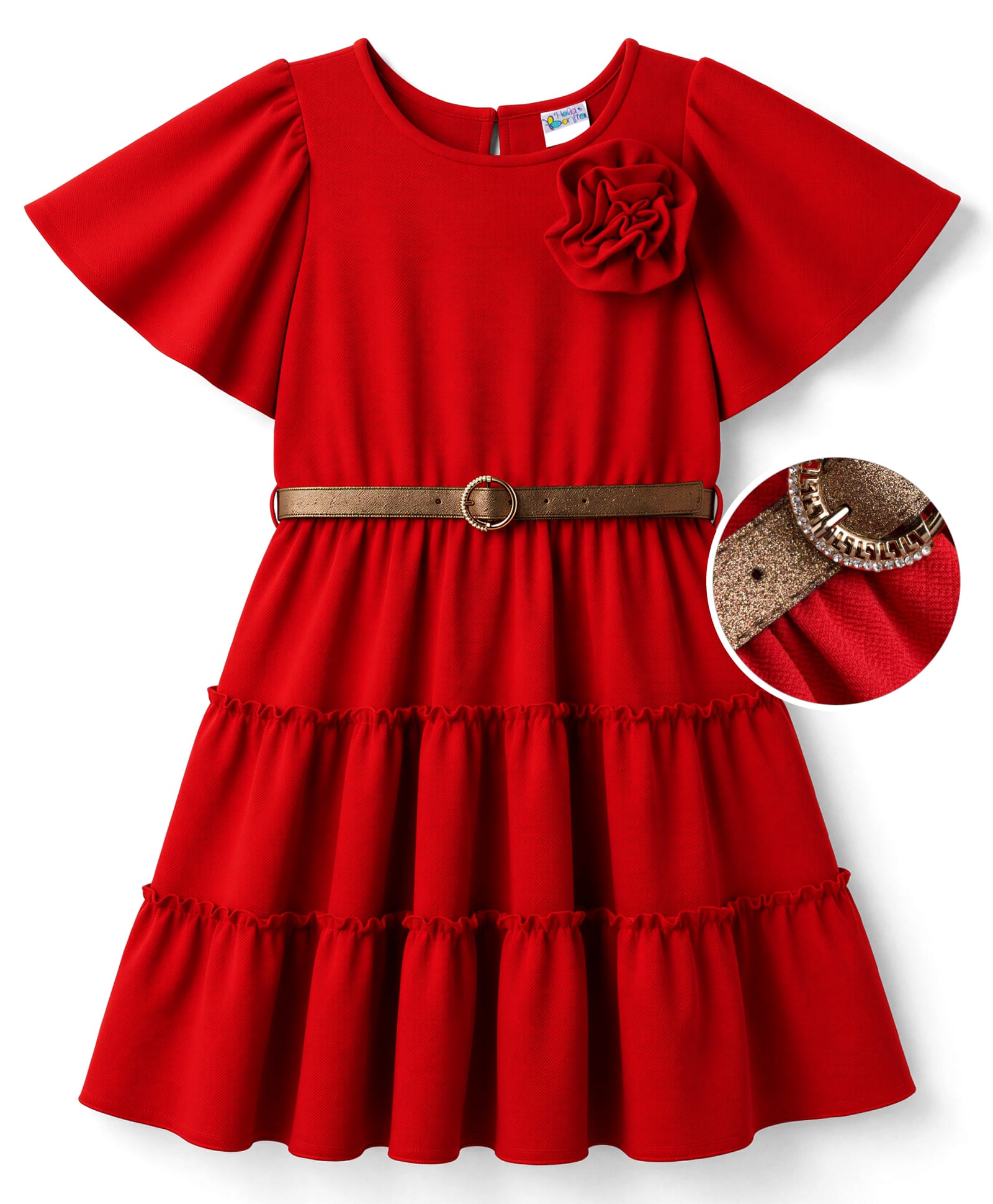 Hola Bonita Knit Half Flutter Sleeves Solid Tiered Frock With Bow Applique & Belt - Red-image-4