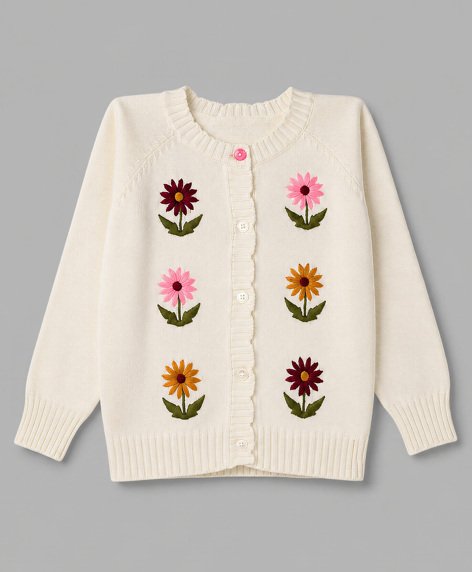 Bonfino 100% Cotton Knit Full Sleeves Front Open Sweaters with Floral Embroidery - White-picture-26