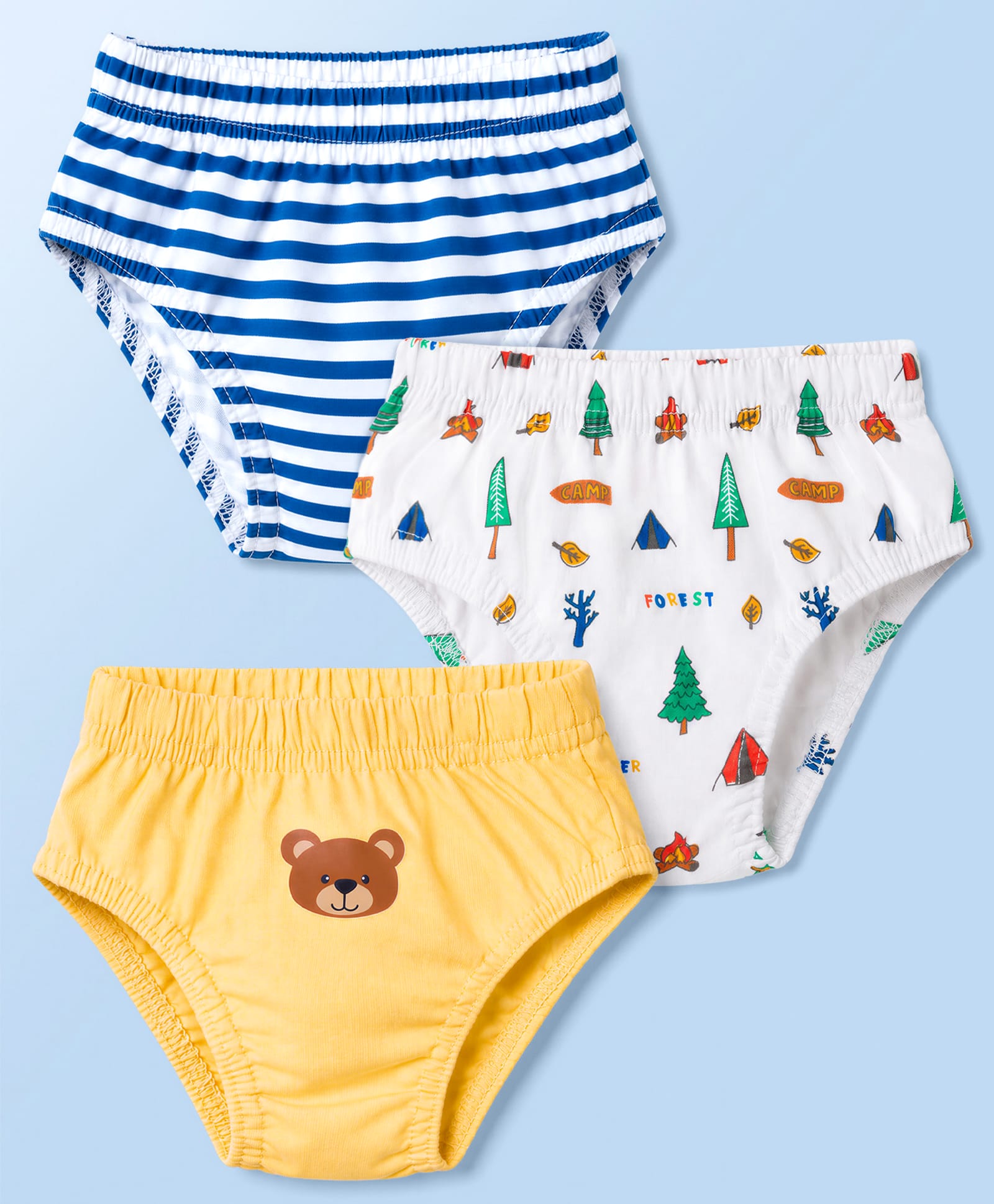 Babyhug Single Jersey Knit Striped & Bear Printed Antibacterial Briefs Pack of 3 - White Blue & Yellow-image-25