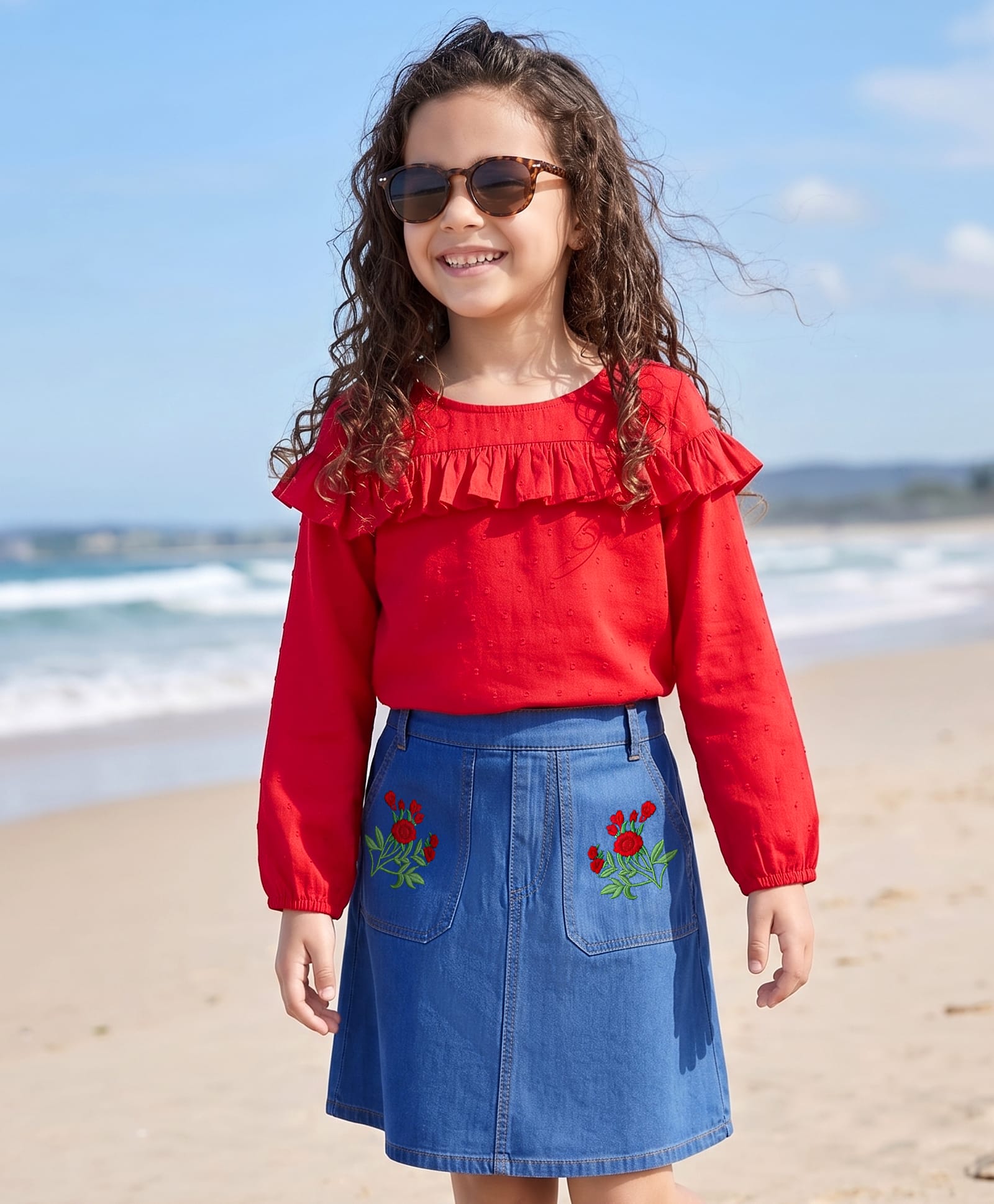 OLLINGTON ST. Cotton Woven Full Sleeves Top & Denim Skirt Set with Floral Embroidery - Red & Blue-image-16