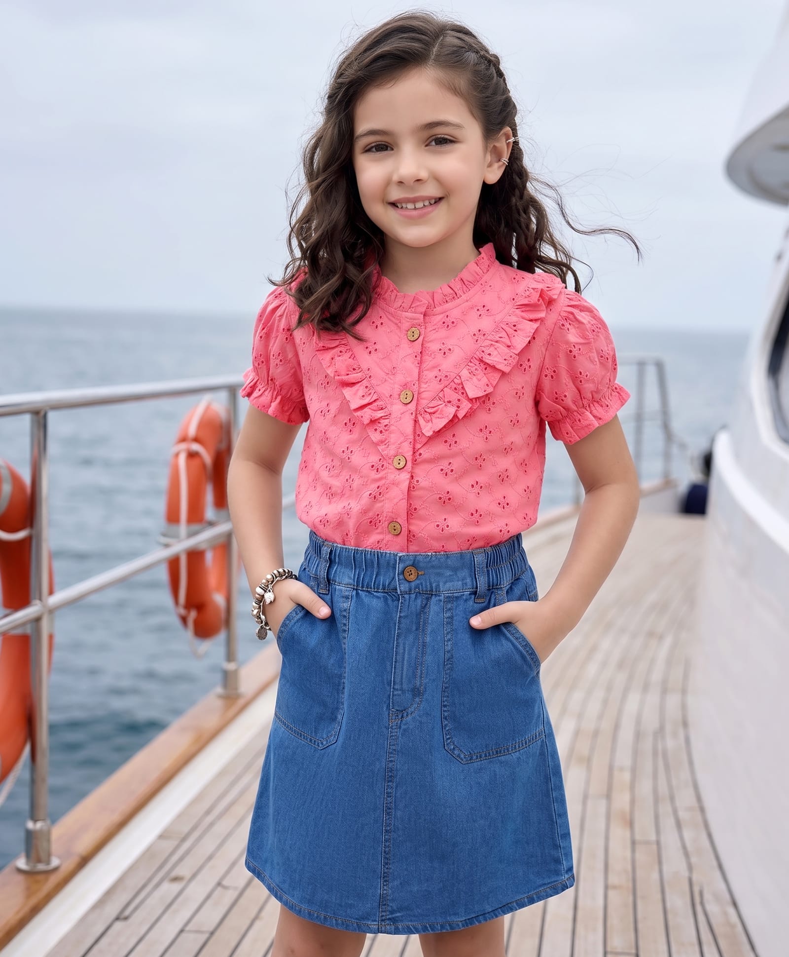 OLLINGTON ST. Cotton Woven Schiffli Half sleeves Top & Denim Skirt Set - Pink & Blue-image-14