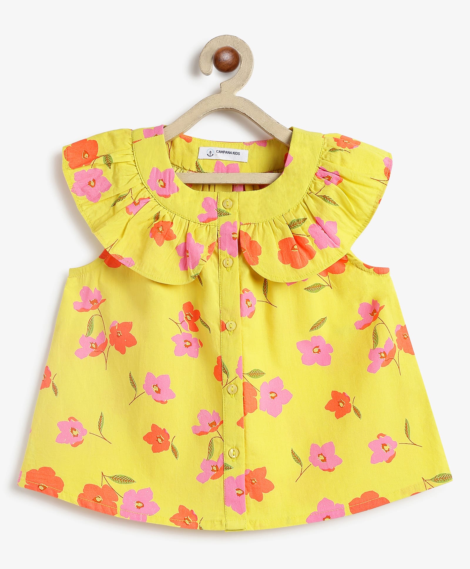Campana 100% Cotton Woven Sleeveless Frill Detailed Floral Printed Top - Yellow-picture-27