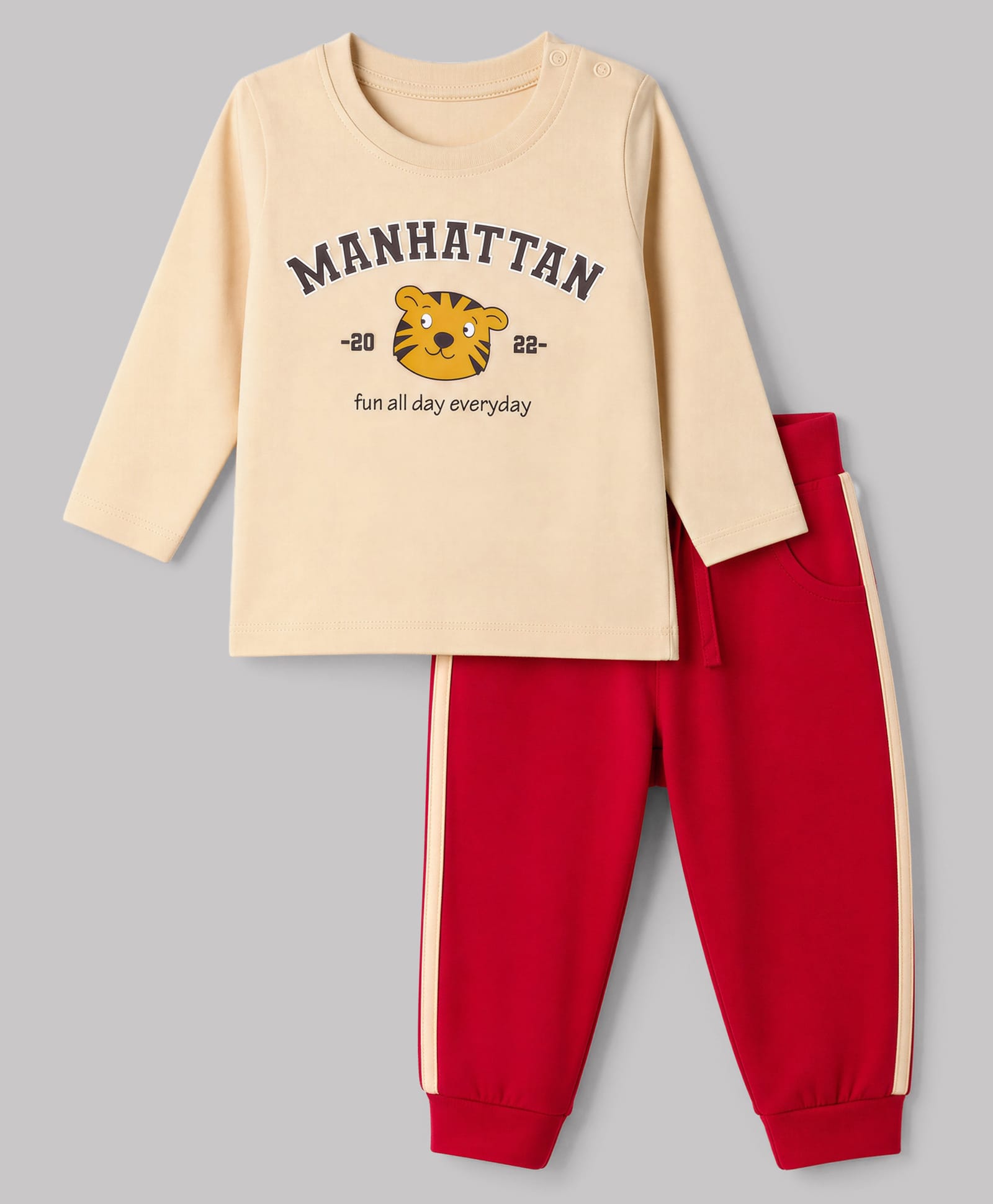 Doodle Poodle 100% Cotton Single Jersey Knit Full Sleeves Tiger Printed T-Shirt & Lounge Pant Set - Cream & Red-picture-17