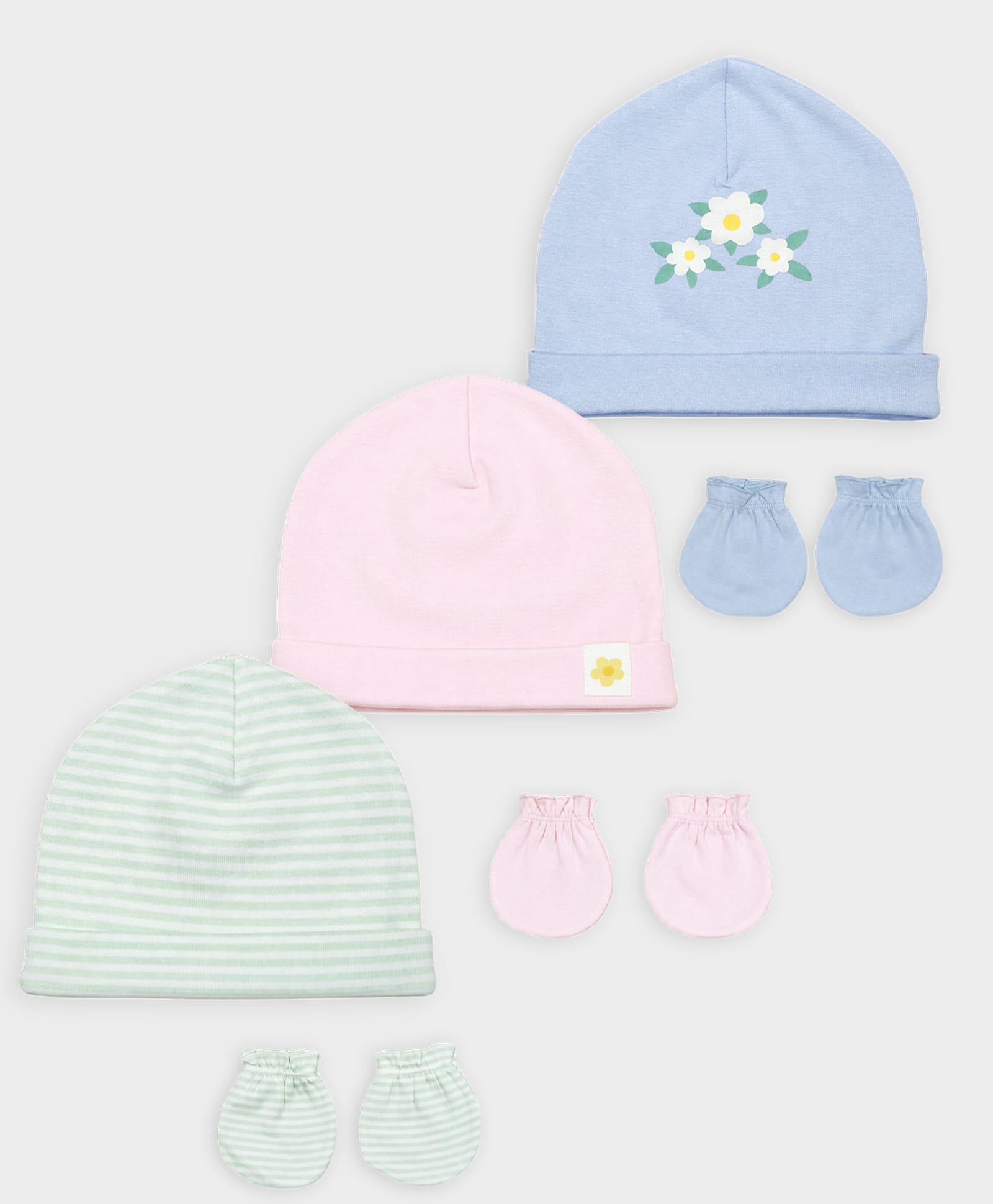 Mi Arcus Cotton Elastane Knit Pack Of 3 Floral Printed Caps & Mittens Set - Multi Colour-picture-22