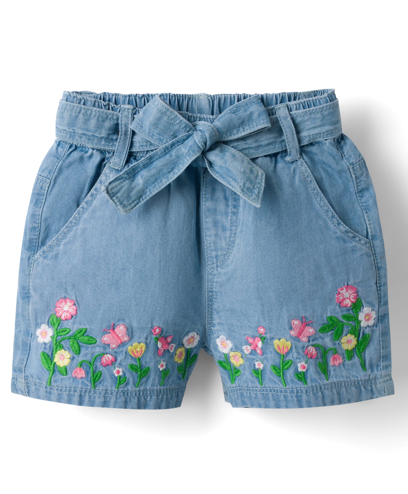 Babyhug Mid Thigh Denim Shorts With Flower Embroidery - Blue-image-15