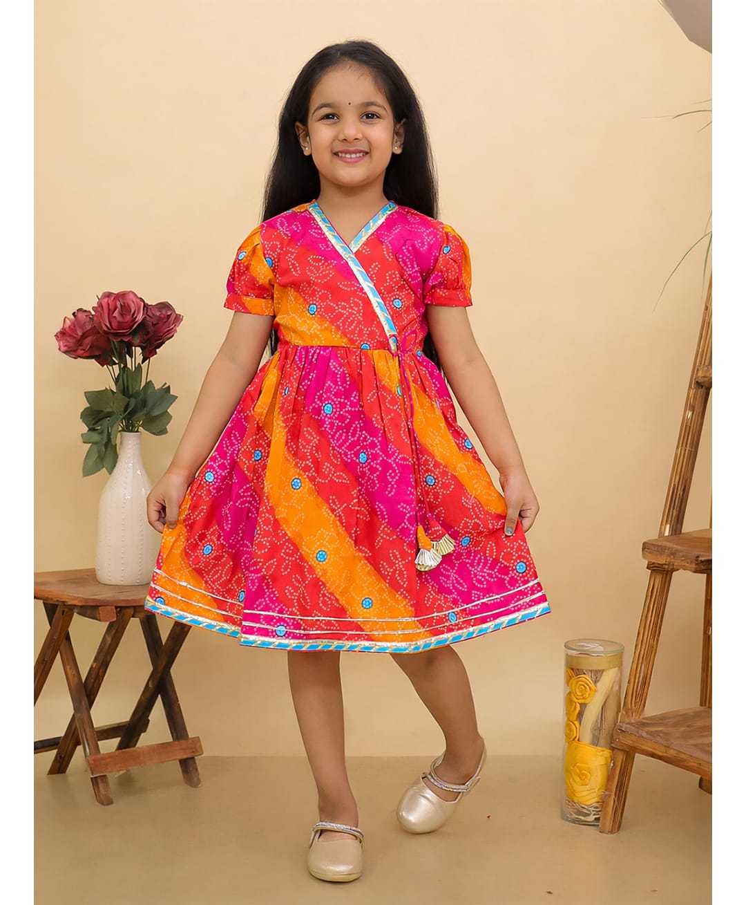 BownBee Pure Cotton Woven Half Sleeves Bandhani Printed Lace Embellished Angrakha Style Dress - Pink-image-40