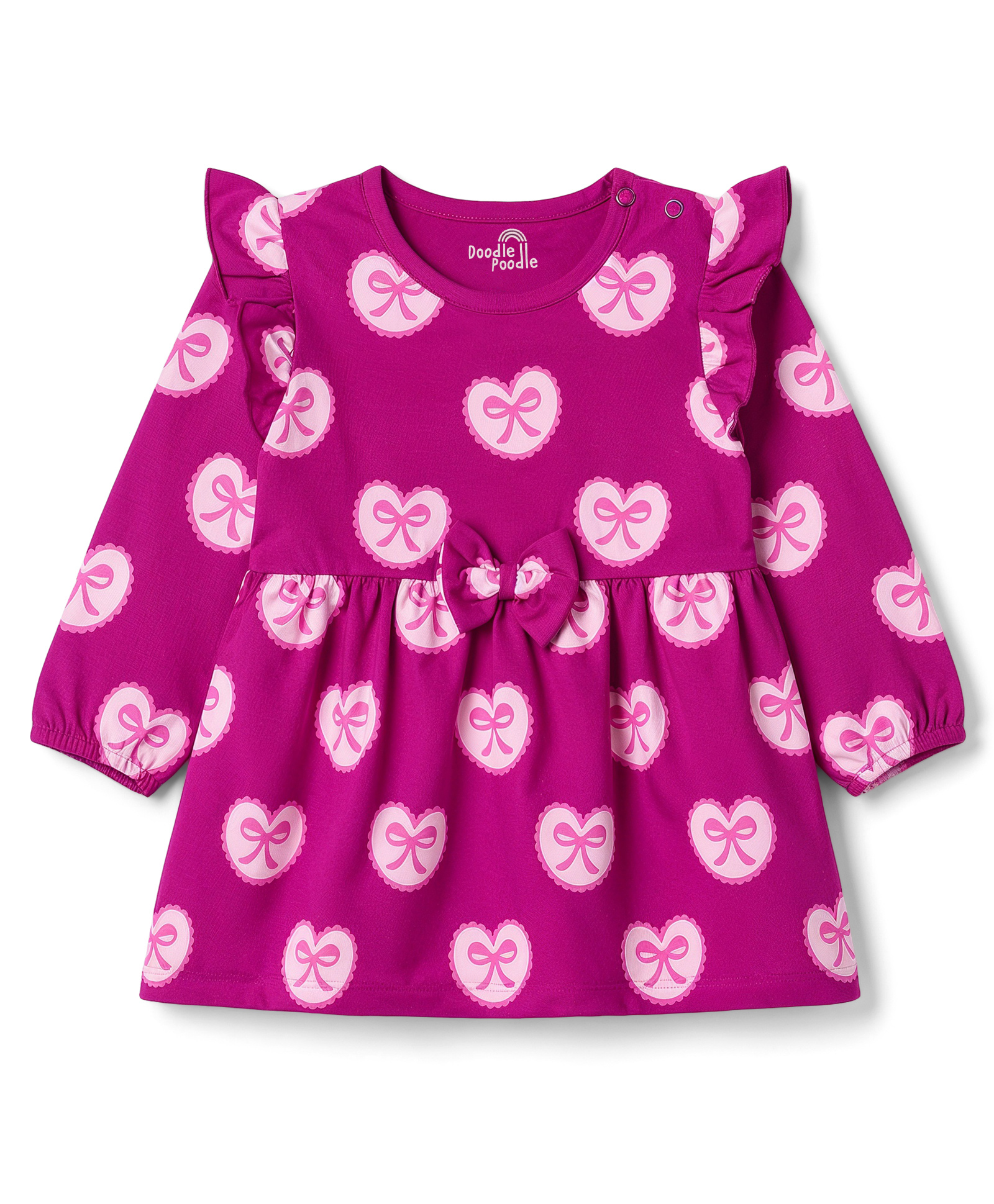 Doodle Poodle Cotton Knit Frock All Over Printed Full Sleeves Fuchsia 6-9 Months-picture-18