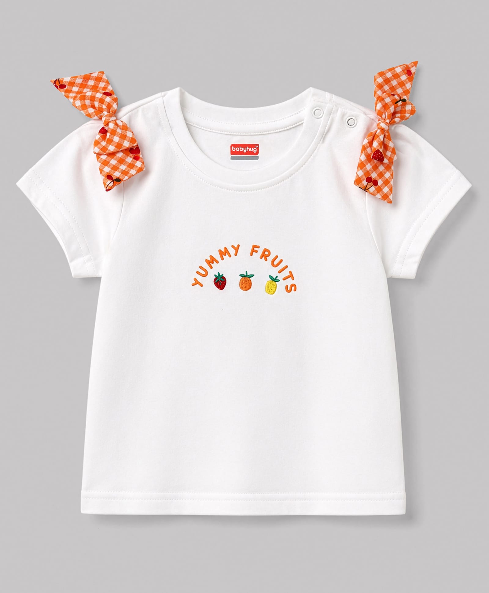 Babyhug 100% Cotton Knit Half Sleeves Tropical Theme Embroidered T-Shirt With Bow Applique - White-picture-16