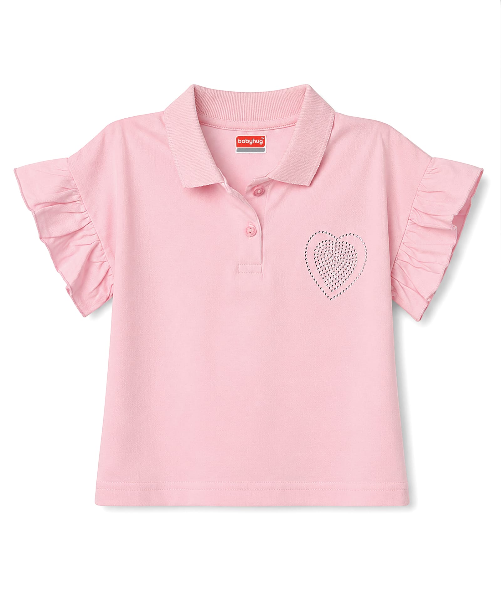 Babyhug 100% Cotton Knit Flutter Sleeves Polo T-Shirt With Hearts Stone Detailing - Pink-image-7