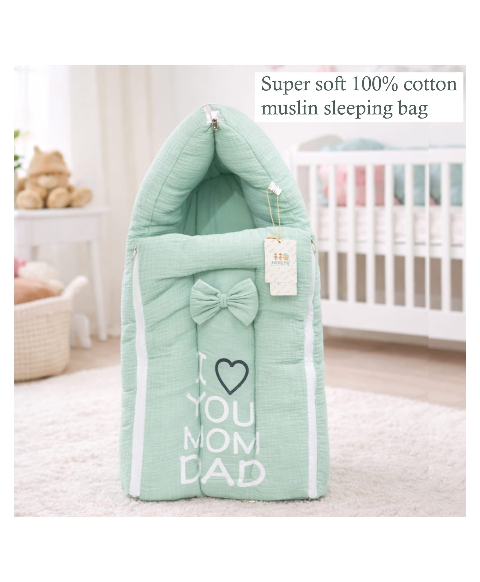 Fareto Newborn Baby 100% Muslin Cotton Sleeping Bag Safe Soft & Portable Baby Bed - Green-image-28