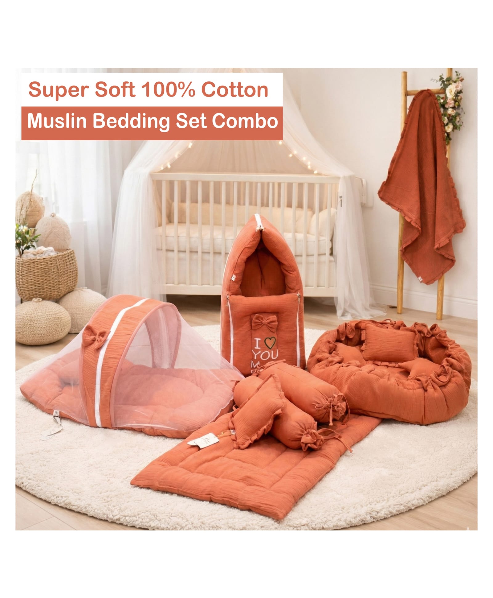 Fareto Baby 100% Muslin Cotton Bedding Set Combo - Orange-image-31