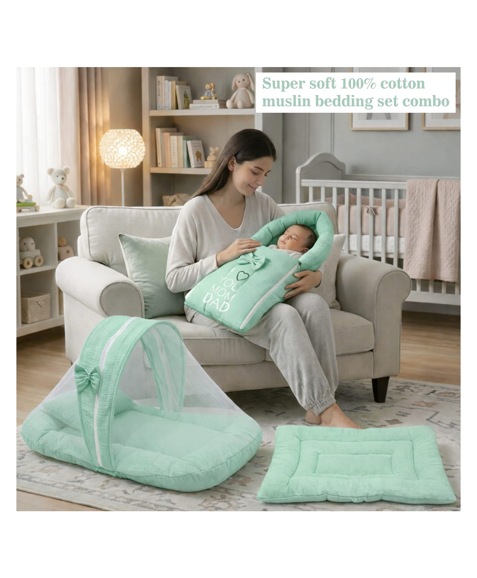 Fareto Newborn Baby 100% Muslin Cotton Sleeping Bag & Mosquito Net & Hand Carry Bed - Green-image-27