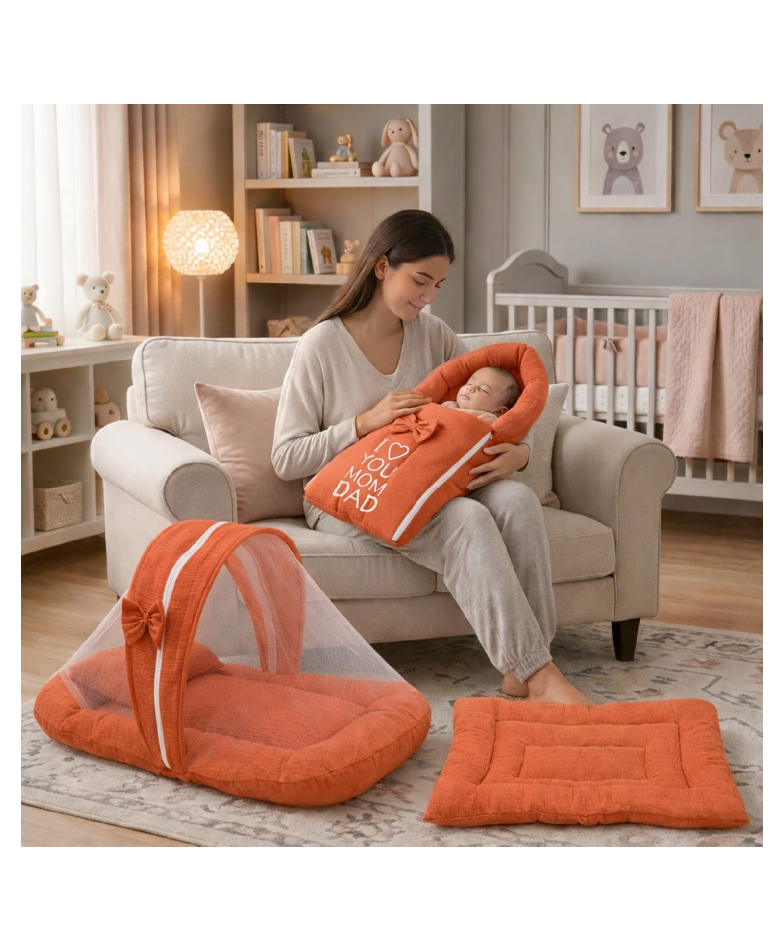 Fareto Newborn Baby 100% Muslin Cotton Sleeping Bag & Mosquito Net & Hand Carry Bed - Orange-image-37