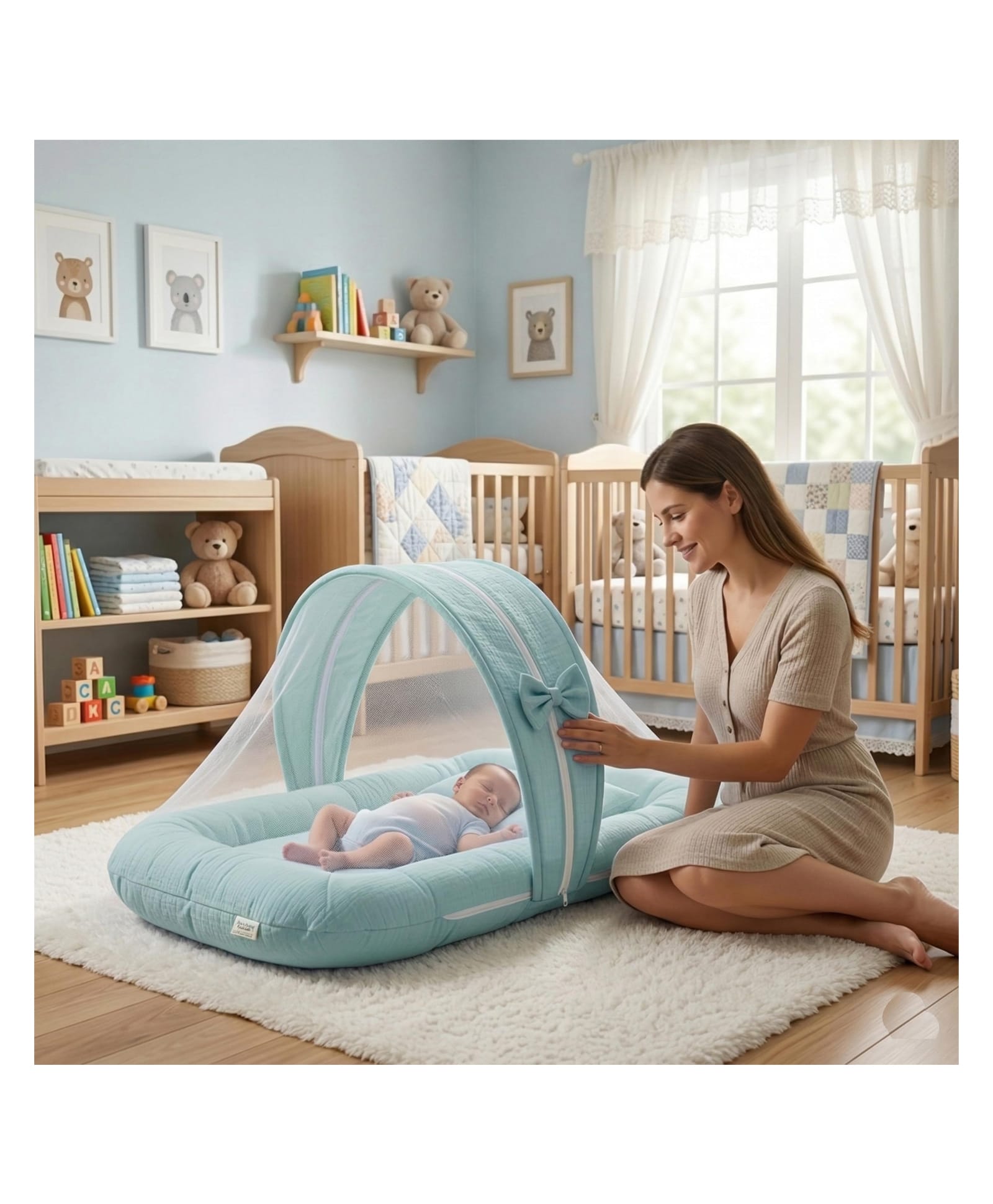 Fareto Newborn Baby 100% Muslin Cotton Mosquito Net Safe, Soft & Portable Baby Bed - Green-picture-25
