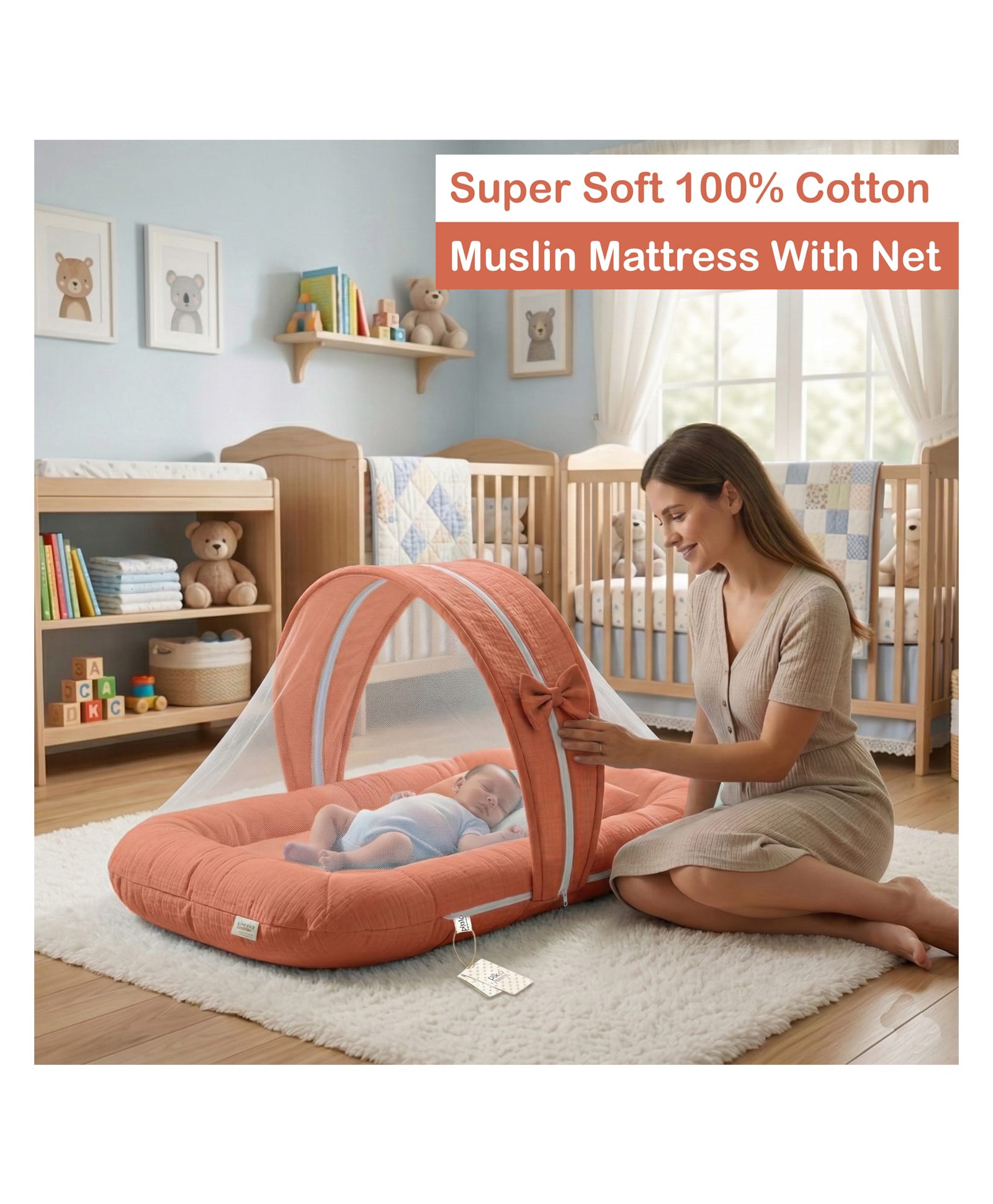 Fareto Newborn Baby 100% Muslin Cotton Mosquito Net Safe, Soft & Portable Baby Bed - orange-image-41