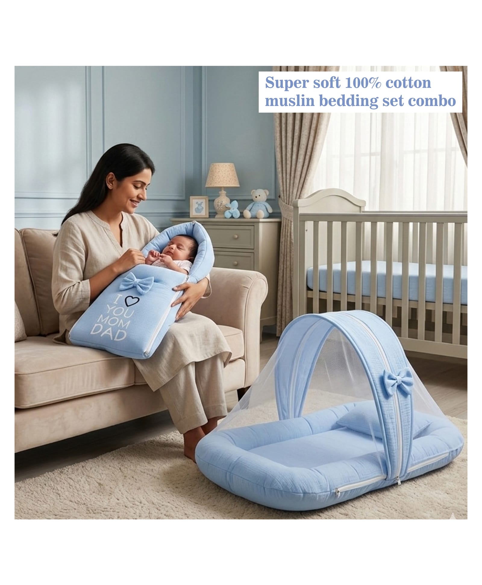 Fareto Newborn Baby 100% Muslin Cotton Sleeping Bag & Mosquito Net - Blue