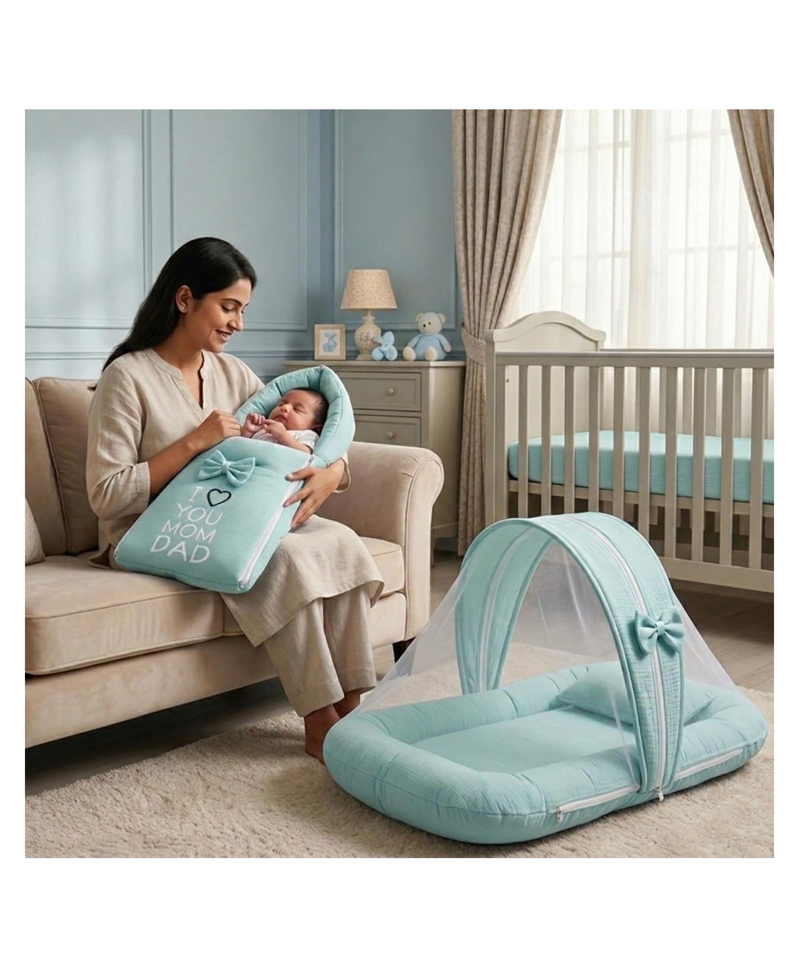 Fareto Newborn Baby 100% Muslin Cotton Sleeping Bag & Mosquito Net - Green-image-29