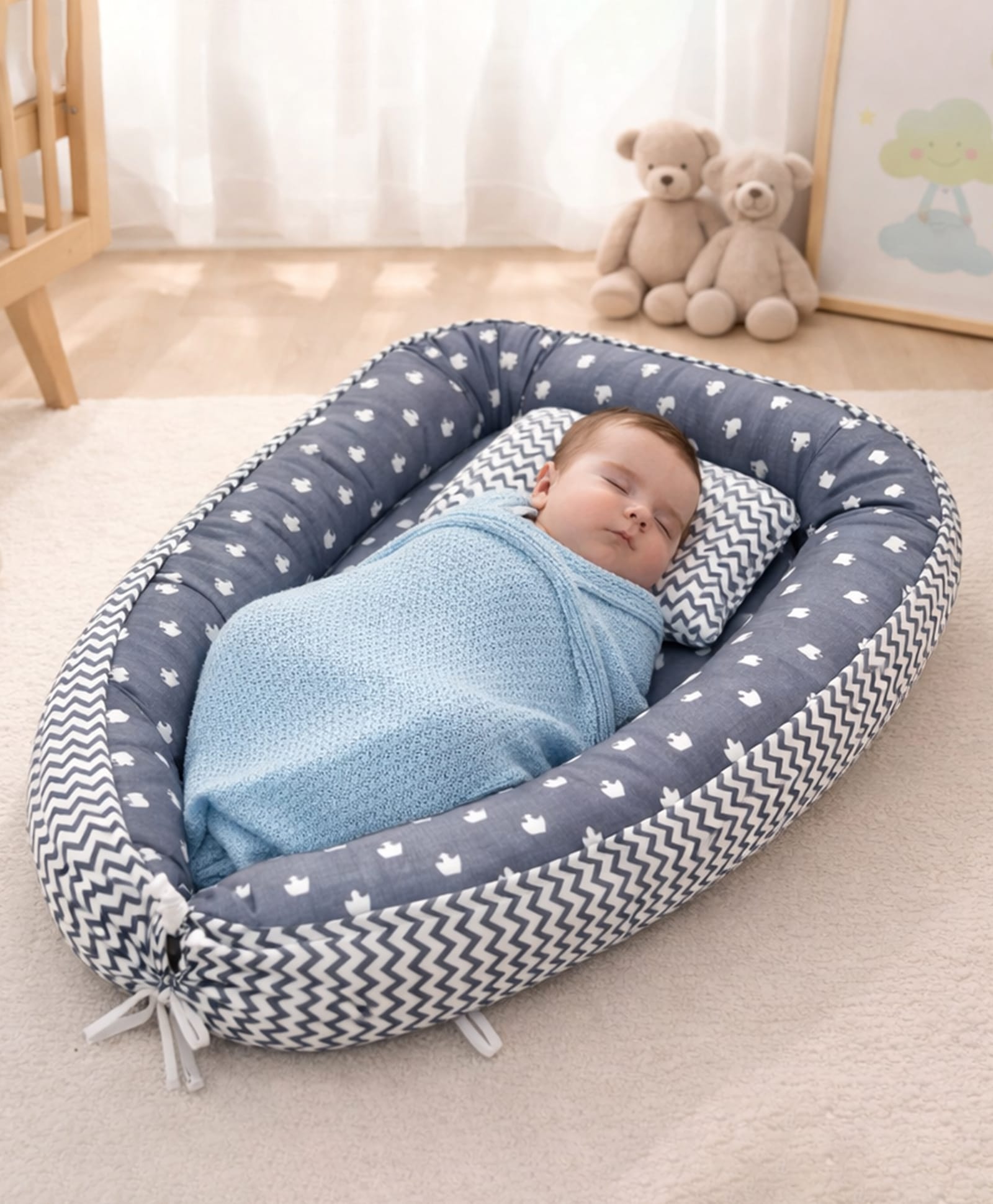 Fareto Reversible Oval Nest Baby Lounger Bed with Head Pillow Soft Cotton Newborn Sleeping Nest - Grey-image-39