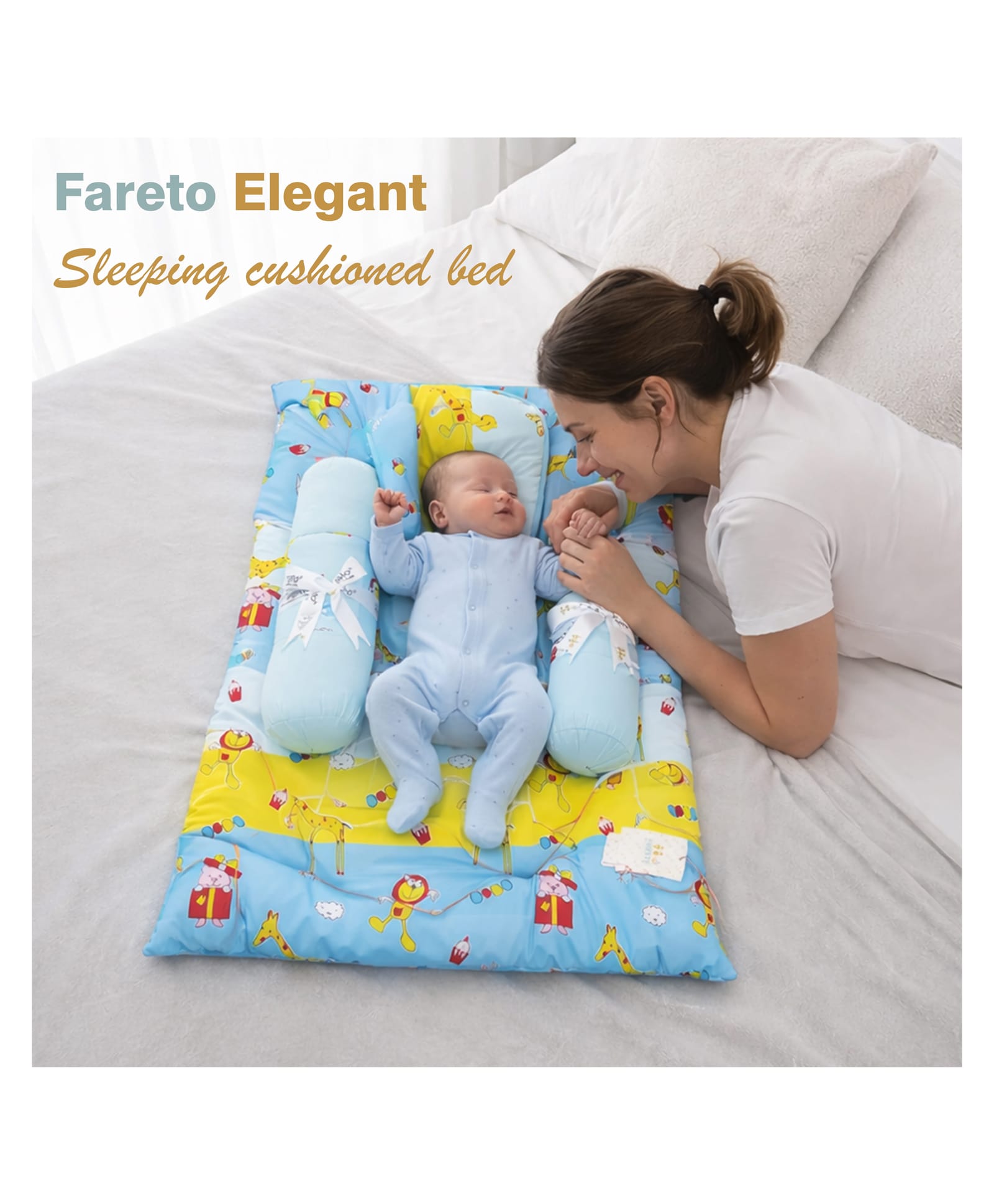Fareto Elegant Sleeping Cushioned Baby Bed Soft Cotton Newborn Lounger with Support Pillows - Multi-picture-11