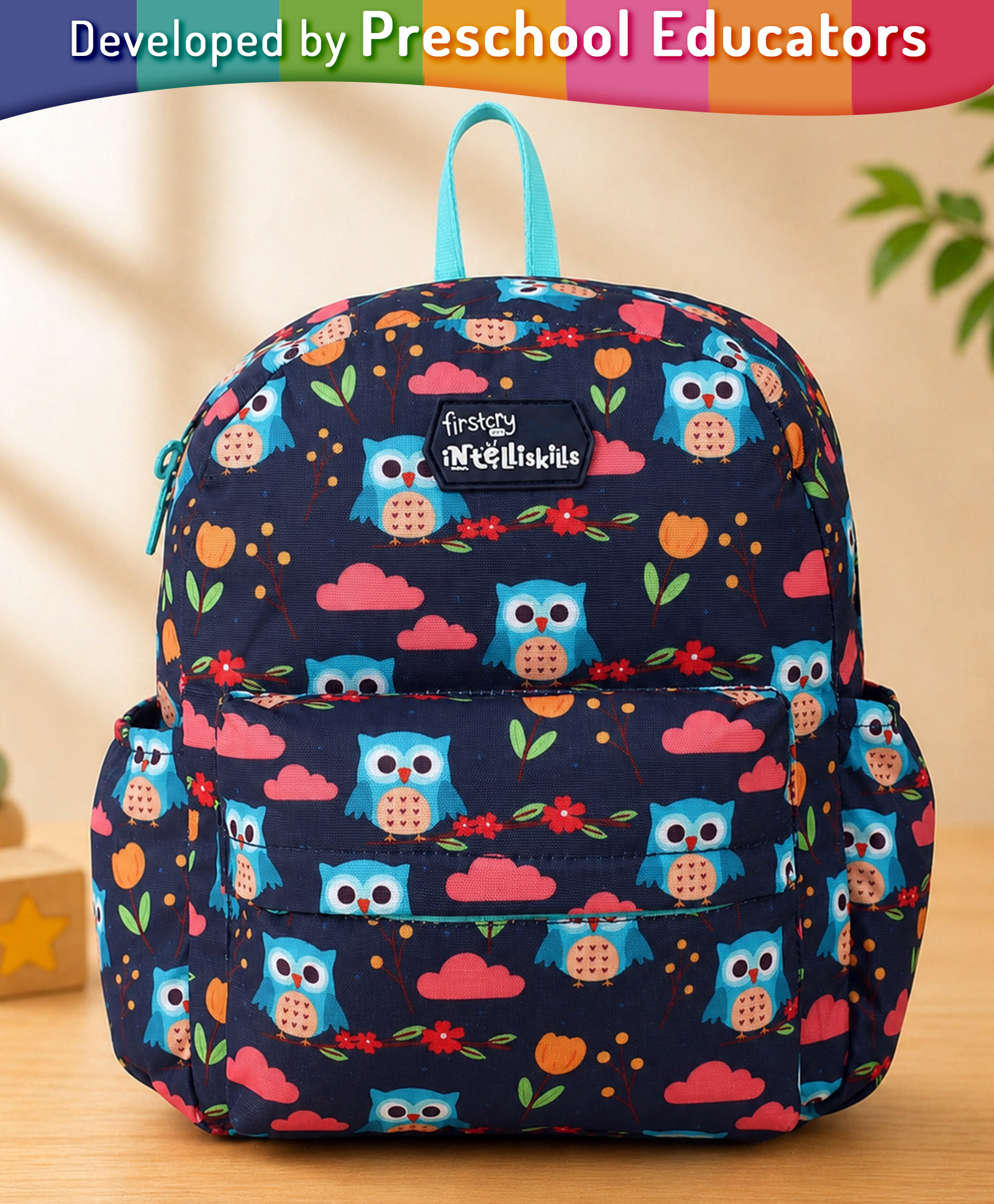 Intelliskills 13 Inches Jolly Owls Backpack for Kids | Premium Quality School Bag | Multicoloured | Lightweight, Durable Water-Resistant Fabric & Smooth Zippers | Ideal For Gifting
