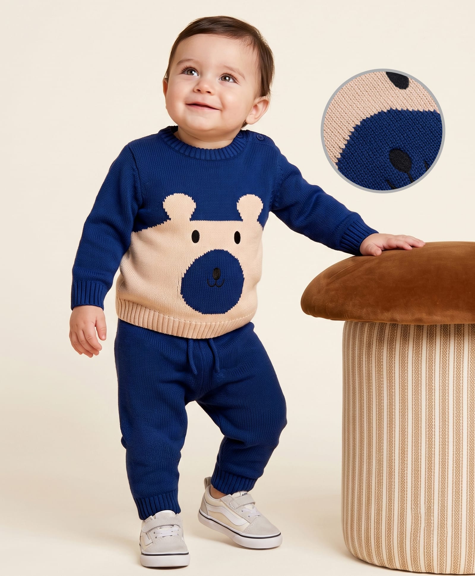 Babyoye 100% Cotton Knit Full Sleeves Sweater Set Placement Teddy Bear Design - Navy Blue-image-11