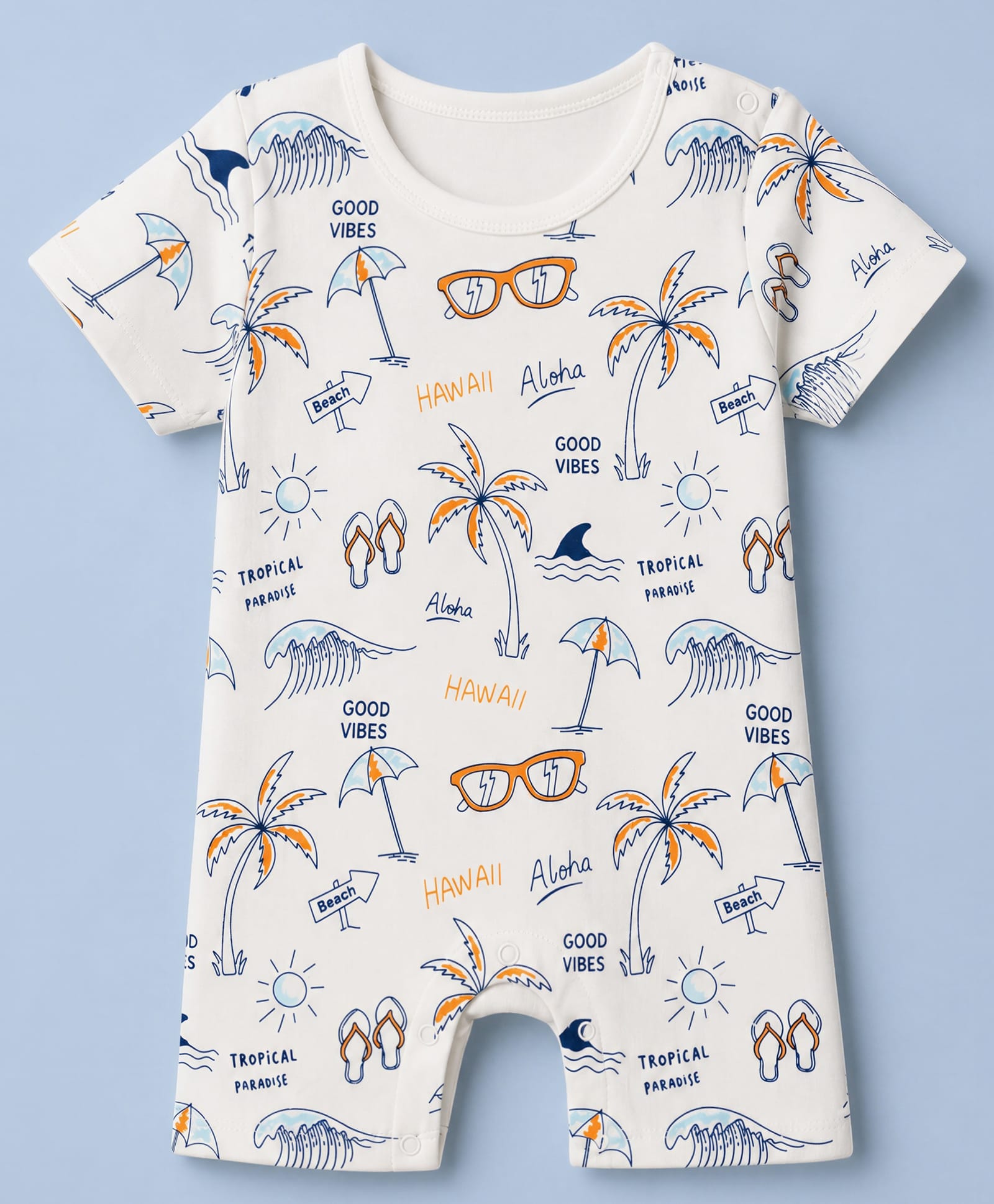 Doodle Poodle 100% Cotton Knit Half Sleeves Beach Theme Printed Romper - White-image-31