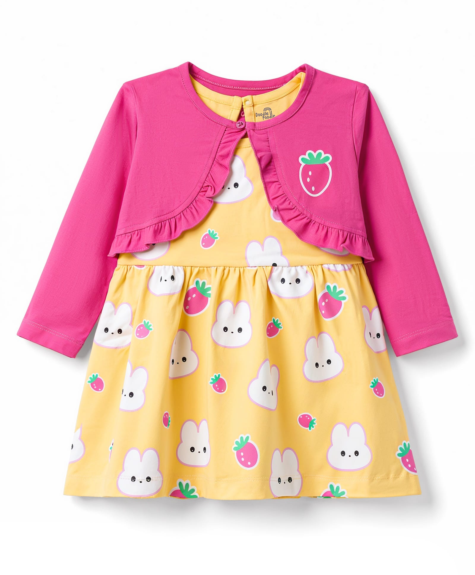 Doodle Poodle Cotton Knit Bunny Printed Frock with Jacket Full Sleeves - Fuchsia-picture-47