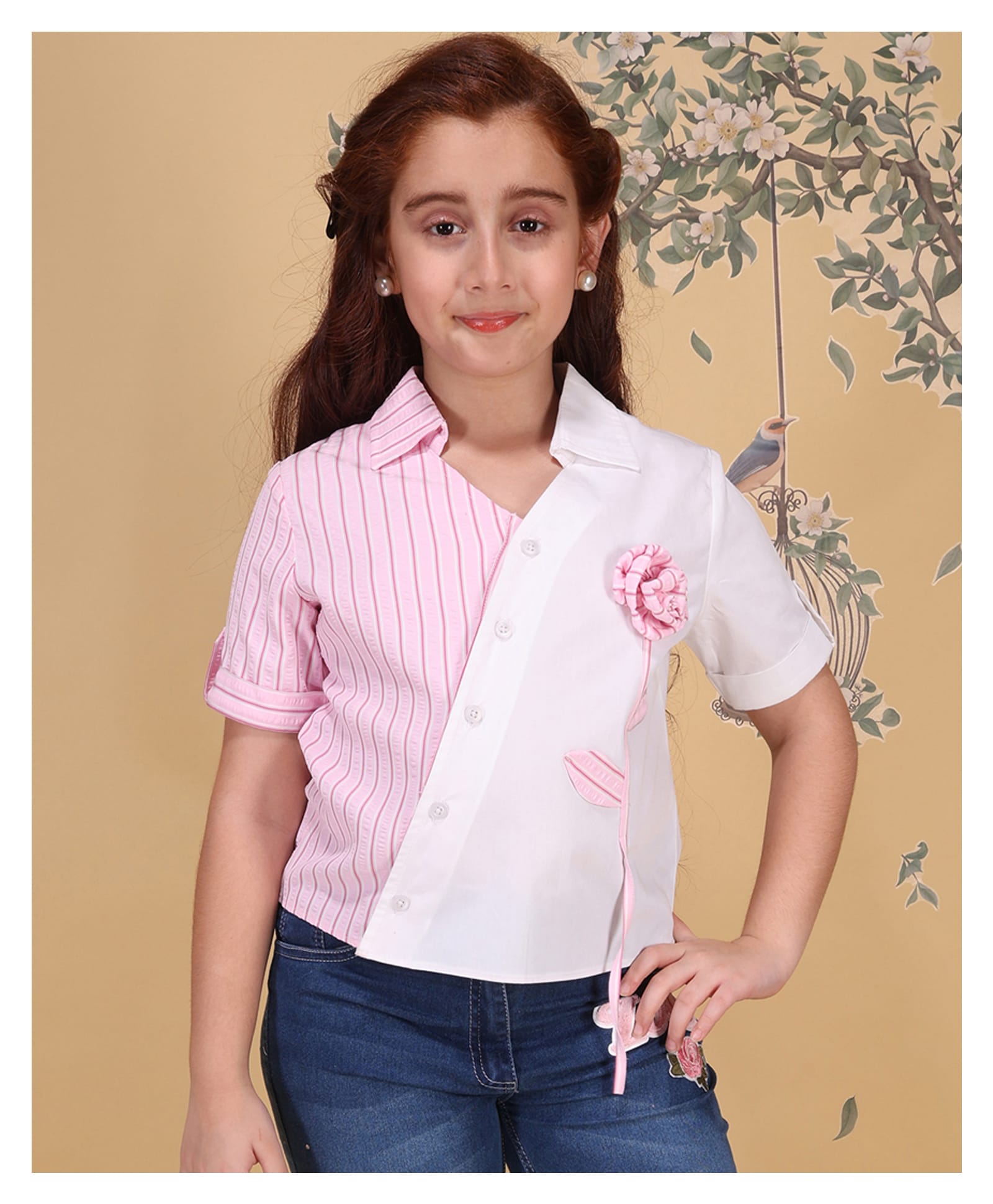 Cutecumber Cotton Knit Half Sleeves Colour Blocked Shirt Style Top - Pink-image-36
