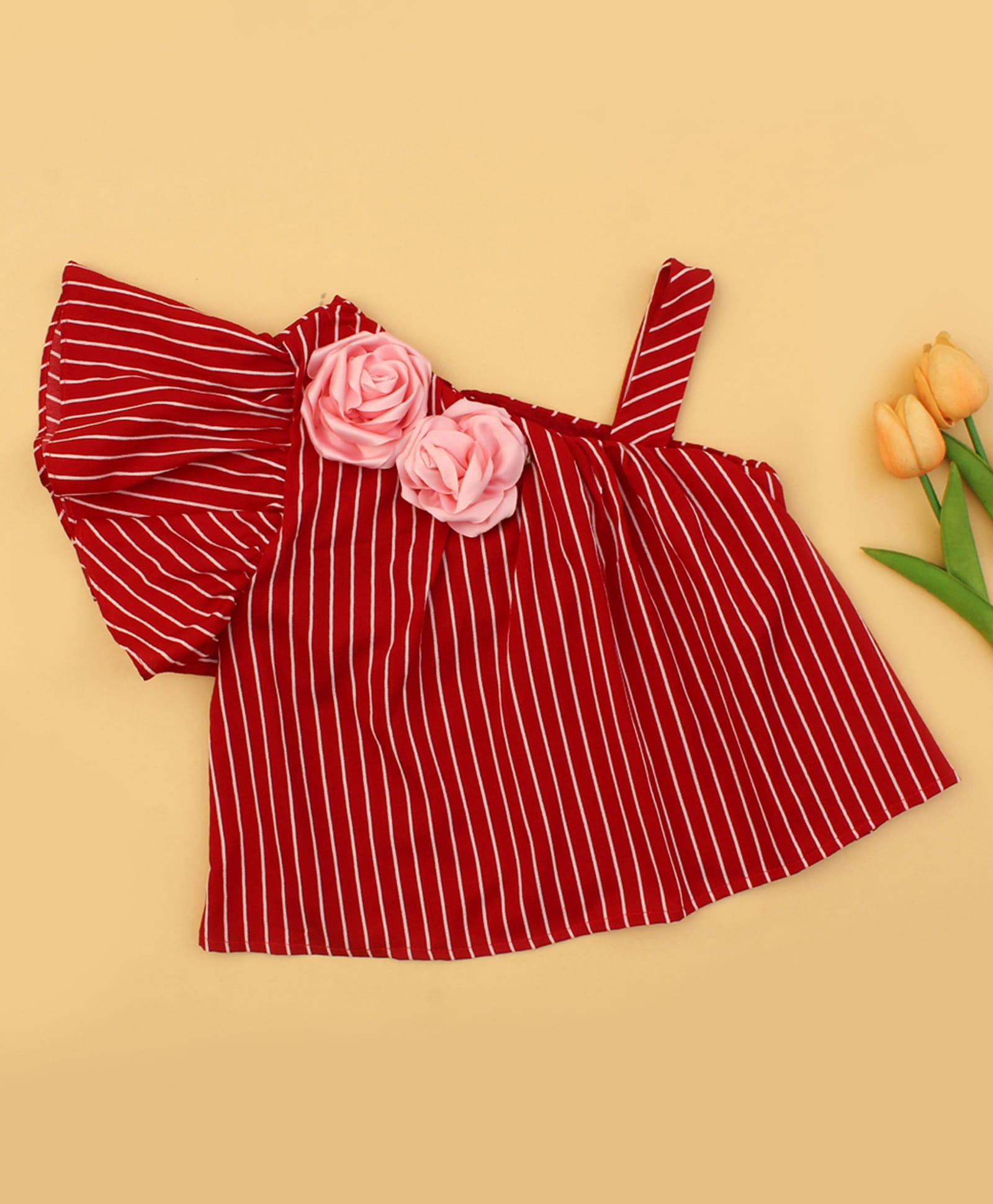 Cutecumber Cambric Knit Sleeveless Striped & Floral Applique Detailed Top - Maroon-image-42