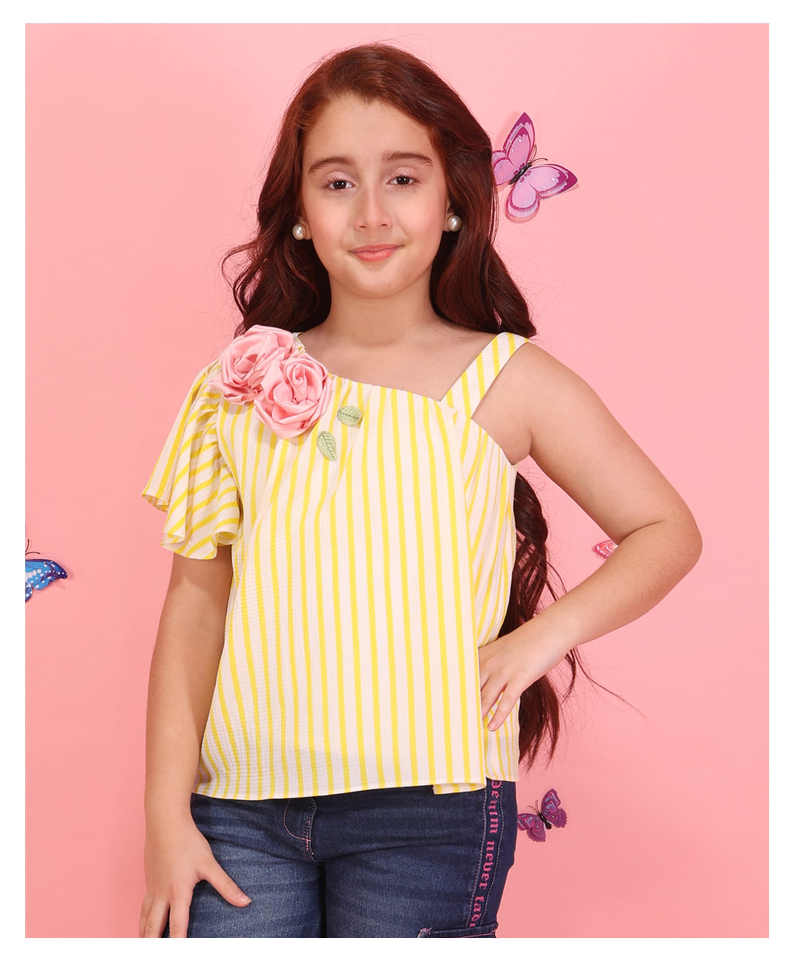Cutecumber Cambric Knit Sleeveless Striped & Floral Applique Detailed Top - Yellow-picture-17