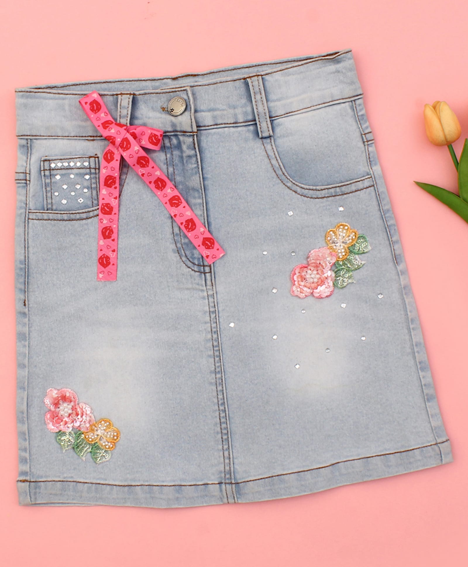 Cutecumber Denim Knit Floral Embroidered Sequins & Beads Embellished Skirt - Blue-image-44