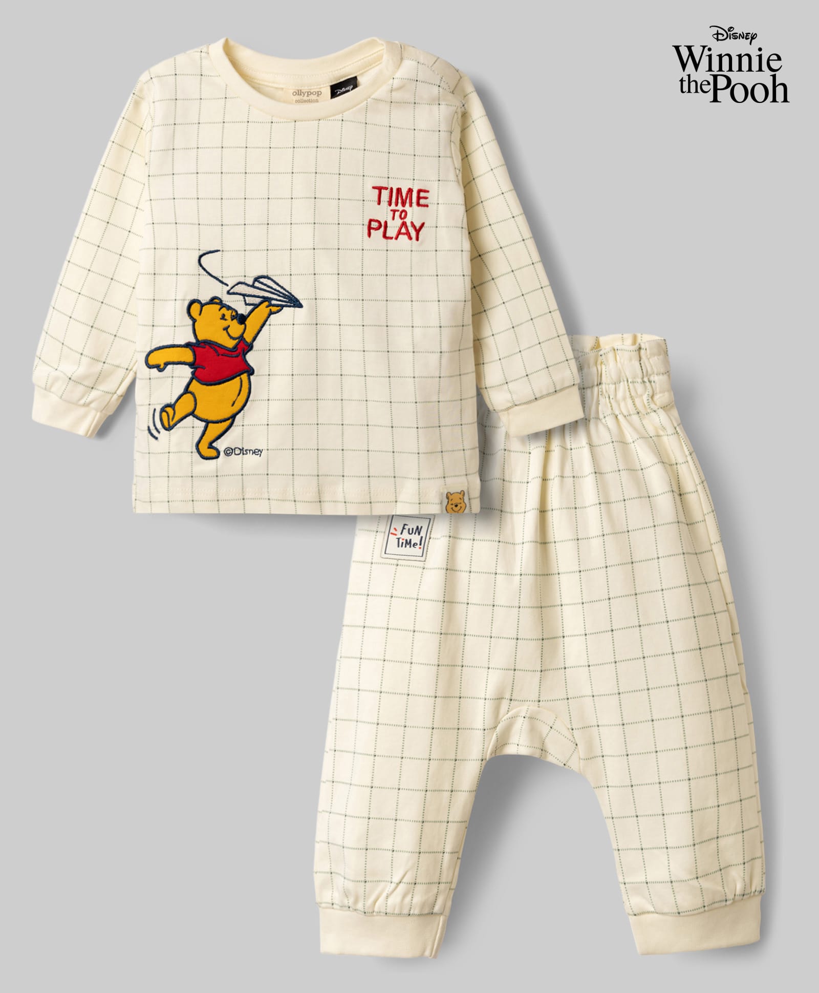 Ollypop Single Jersey Knit Full Sleeves T-Shirt & Diaper Pant Set with Winnie The Pooh Print - Cream-picture-26