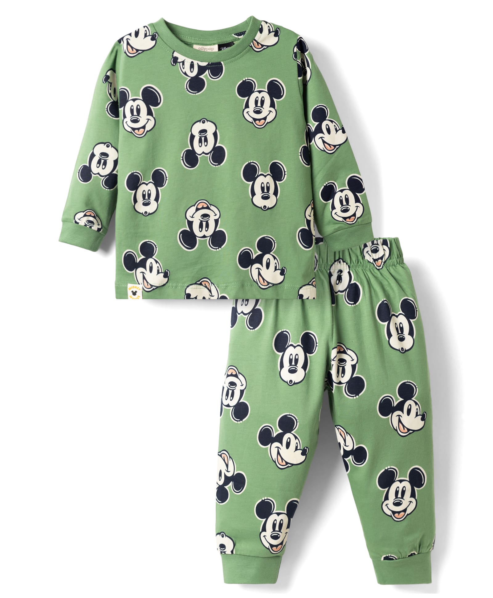 Ollypop Sinker Knit Full Sleeves T-Shirt & Pyjama Co-ords Night Suit With Mickey Mouse Graphic - Light Green-picture-6
