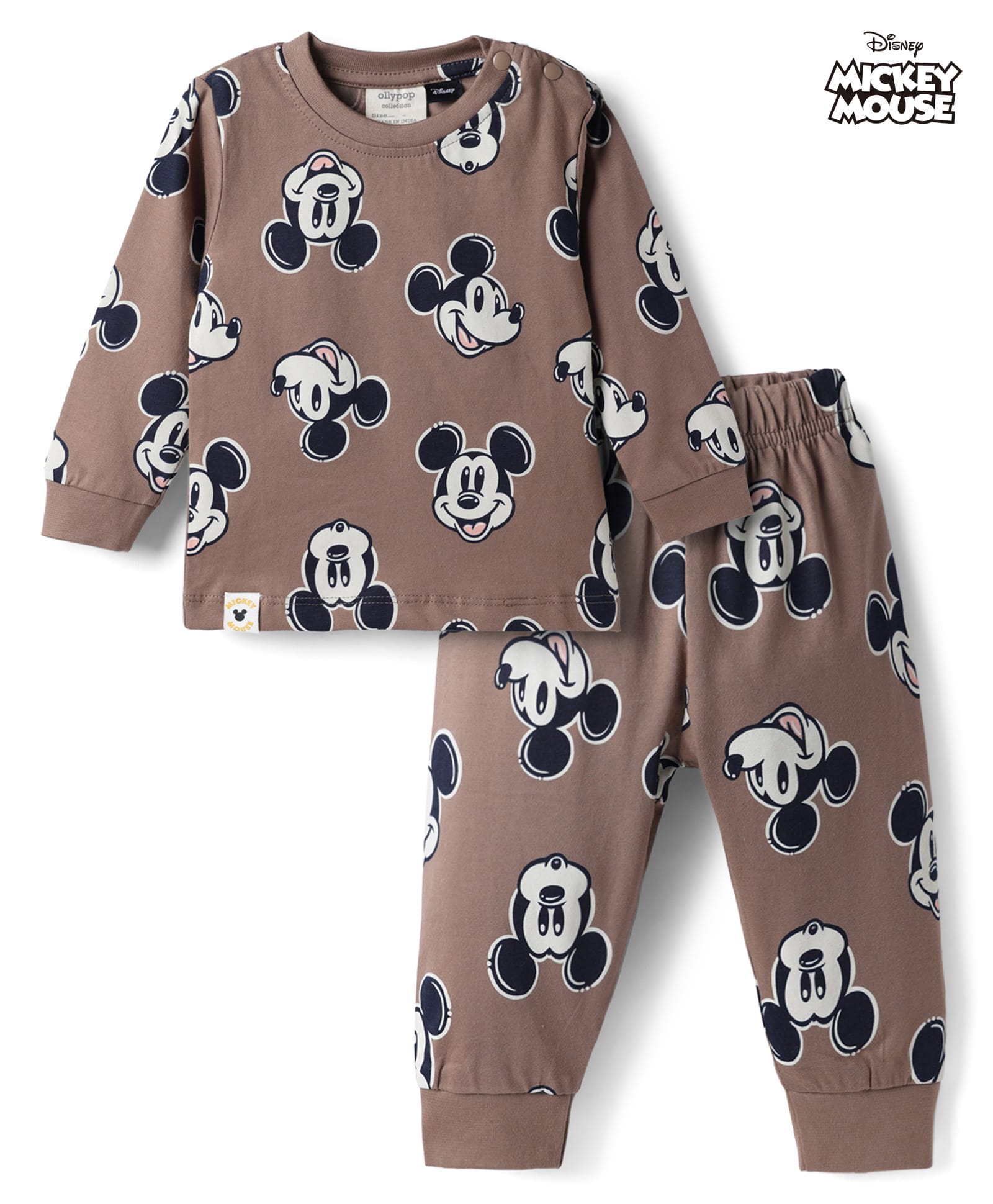 Ollypop Sinker Knit Full Sleeves T-Shirt & Pyjama Co-ords Night Suit With Mickey Mouse Graphic - Light Brown-image-30