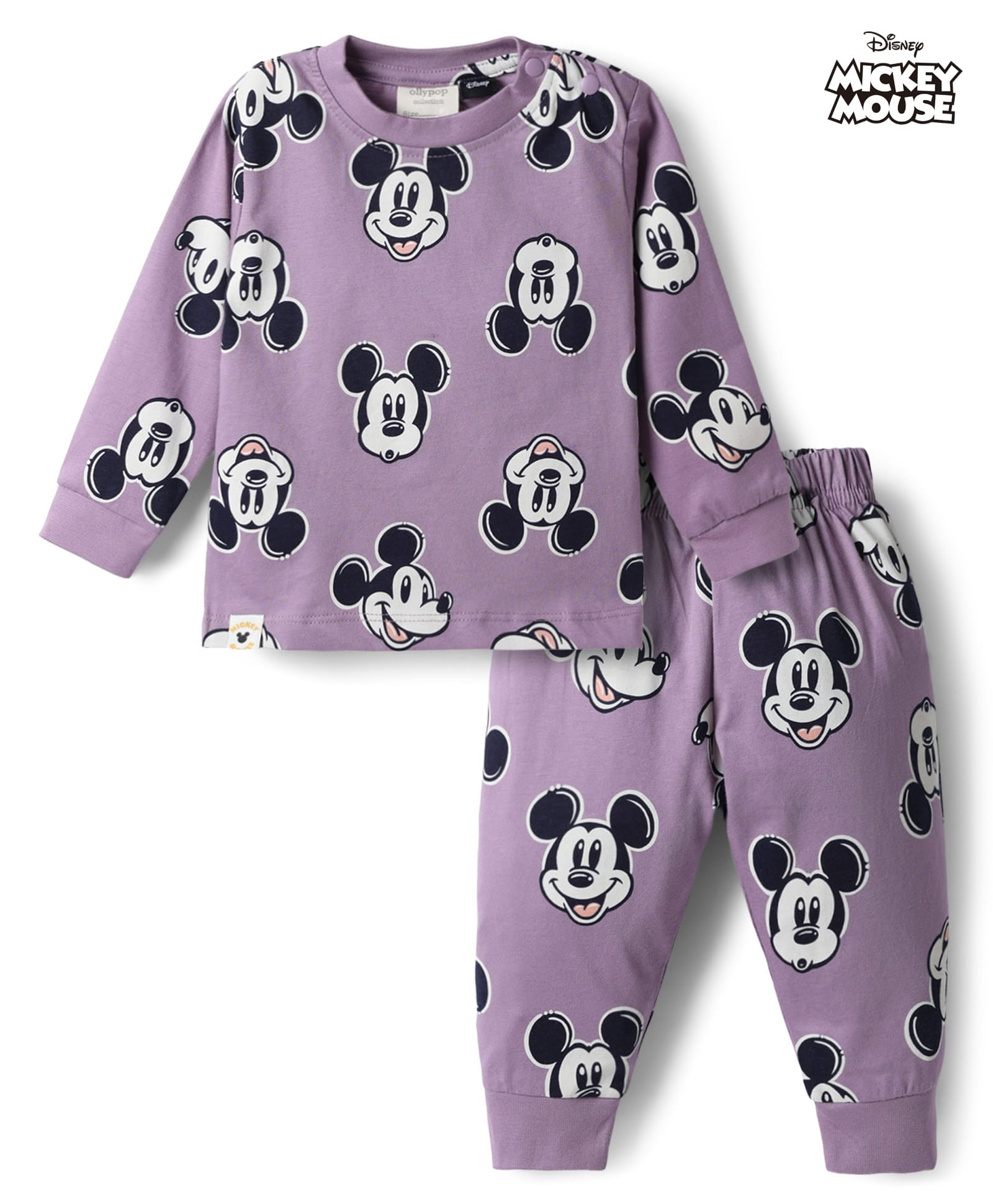 Ollypop Sinker Knit Full Sleeves T-Shirt & Pyjama Co-ords Night Suit With Mickey Mouse Graphic - Lilac-picture-5