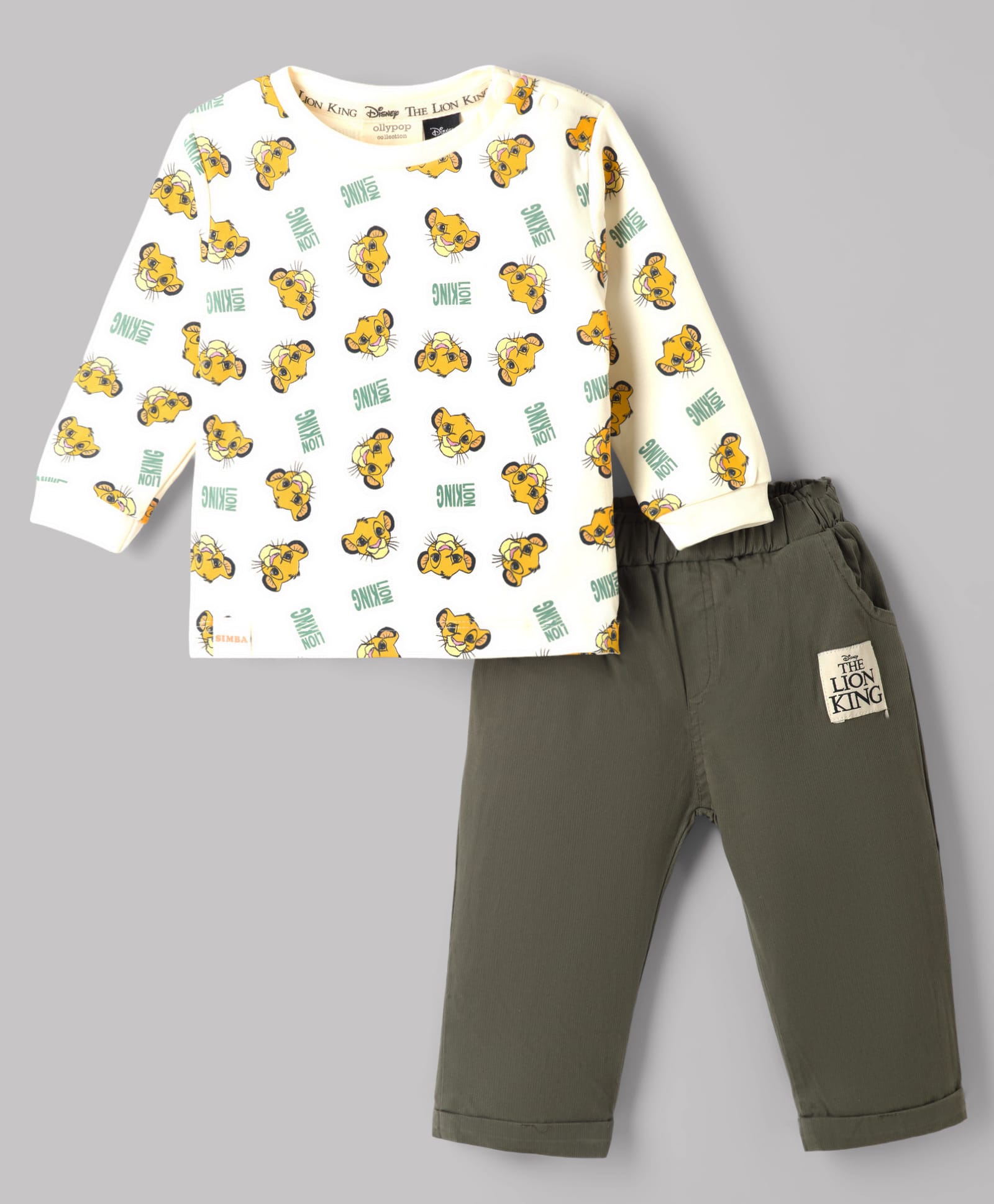 Ollypop Disney Sinker Knit Full Sleeves T-Shirt & Pant Set With The Lion King Print - Cream & Olive Green-image-48
