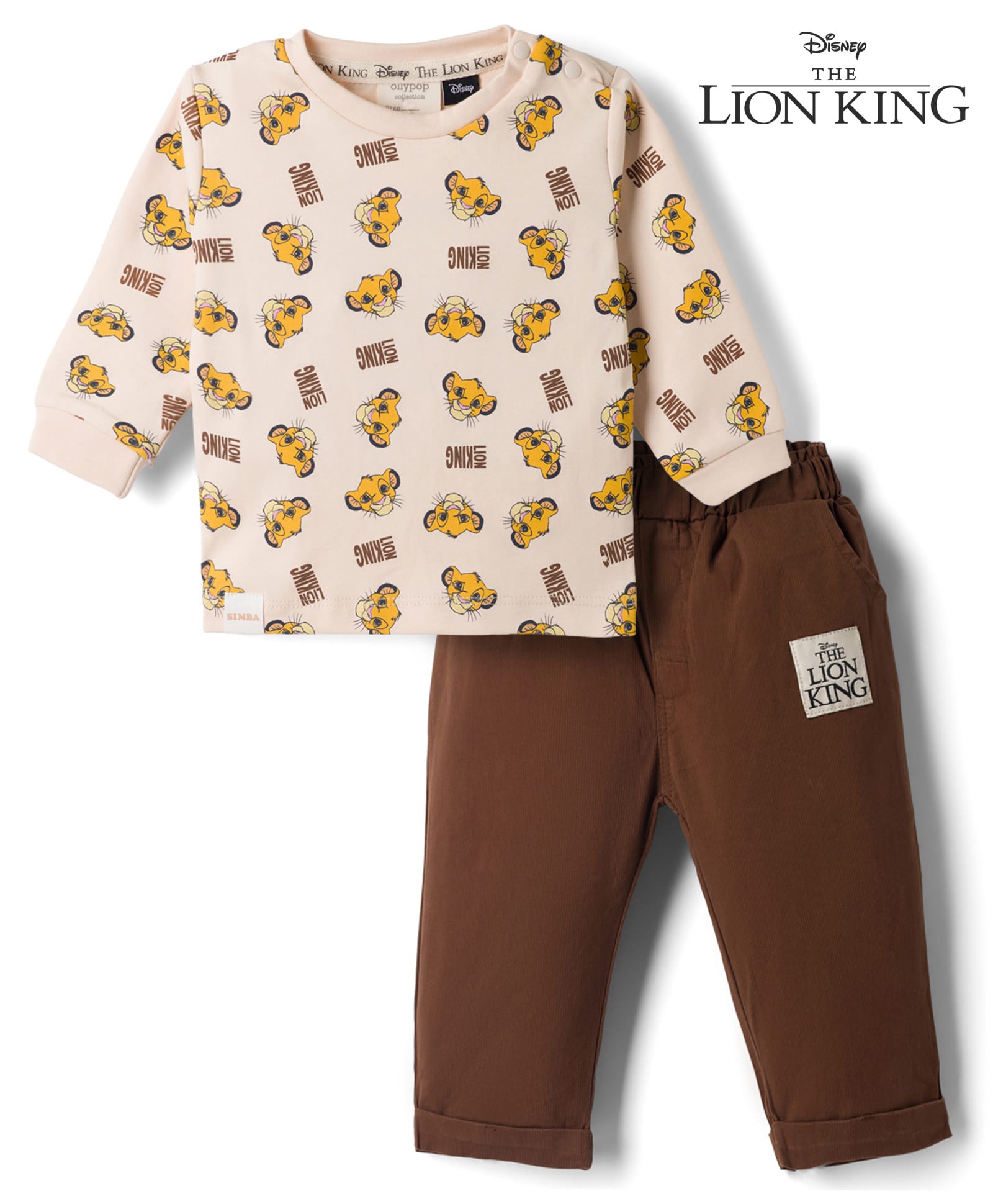 Ollypop Disney Sinker Knit Full Sleeves T-Shirt & Pant Set With The Lion King Print - Pink & Brown-picture-22
