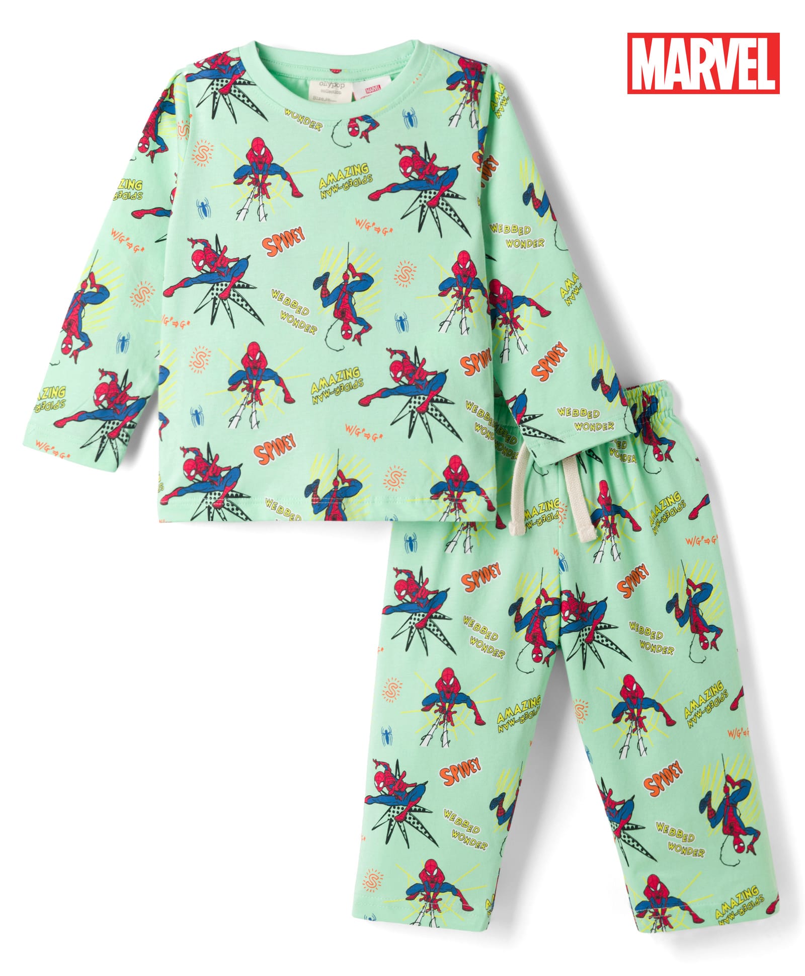 Ollypop Sinker Knit Full Sleeves T-Shirt & Pyjama Co-ords Night Suit With Spider-Man Graphic - Light Green-picture-10