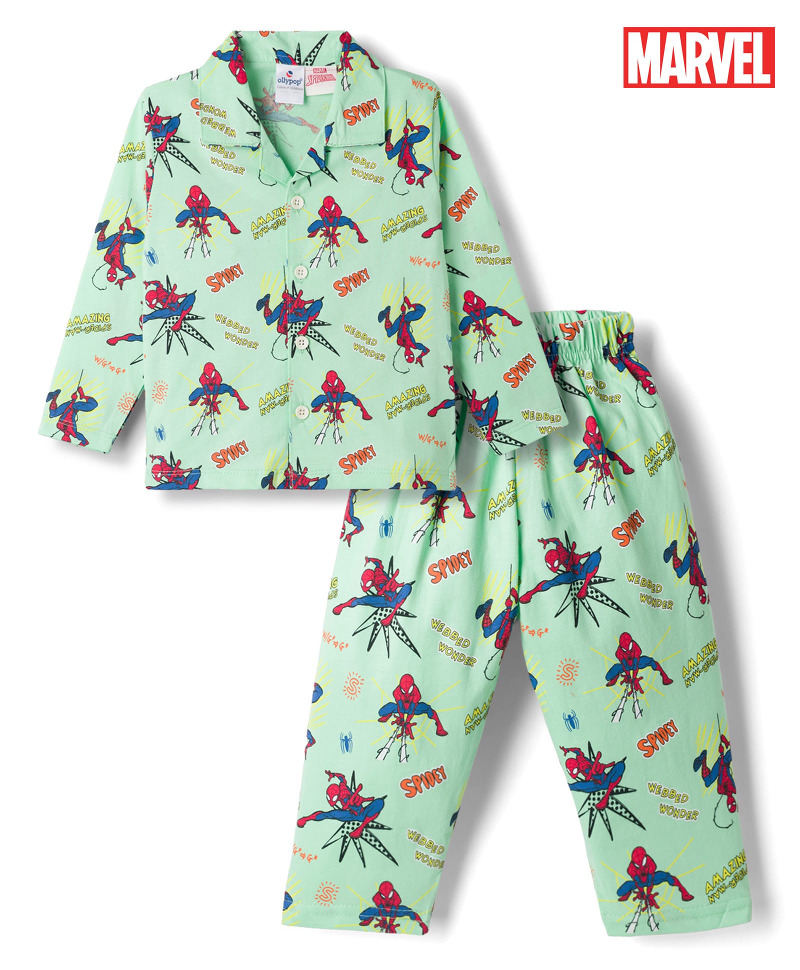 Ollypop Sinker Knit Full Sleeves Co-Ords Spider Man Printed Shirt & Pajama Night Suit - Sea Green-image-36
