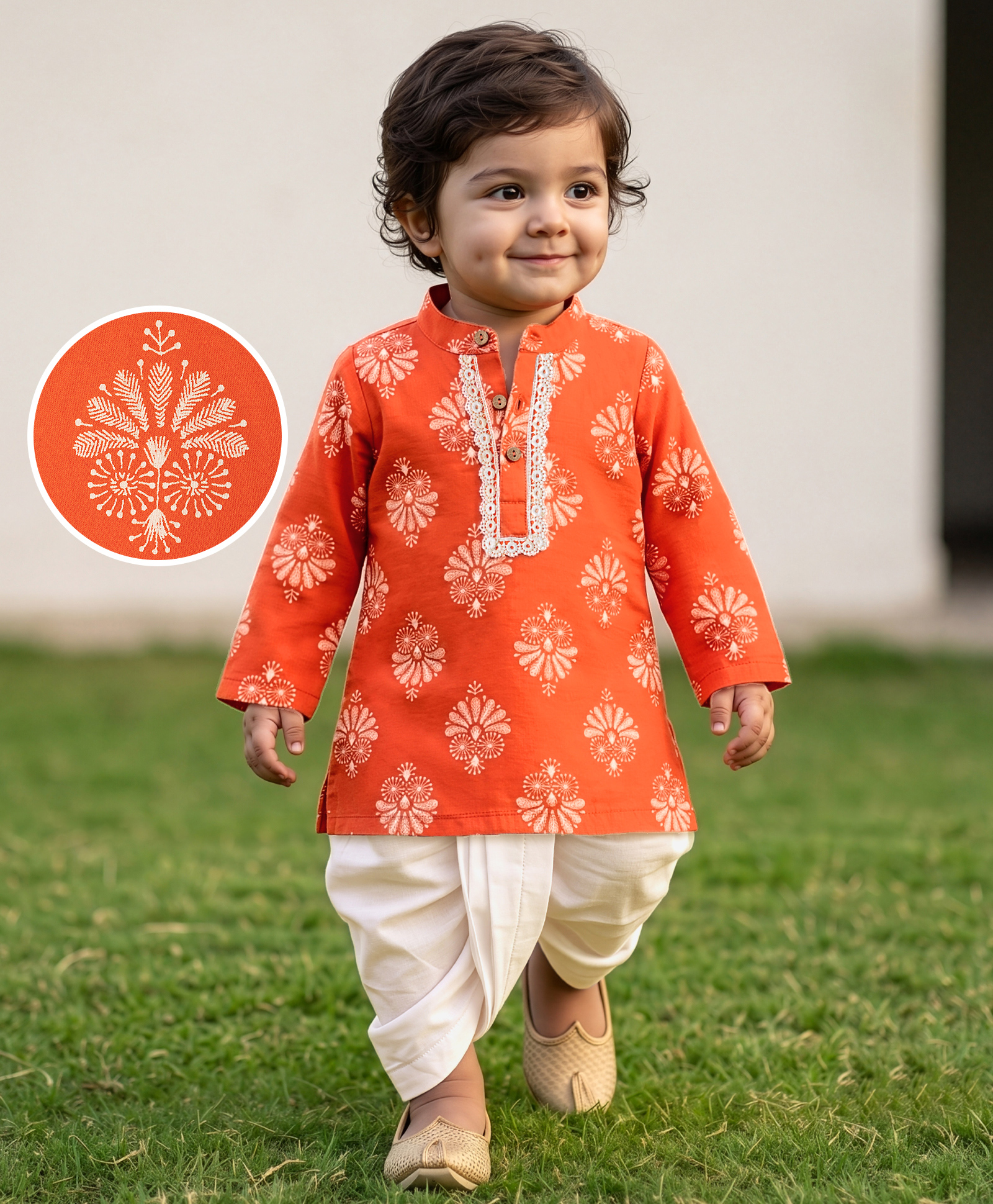 EARTHY TOUCH Cotton Jersey Knit Full Sleeves Floral Printed Kurta & Dhoti Set - Orange-picture-16
