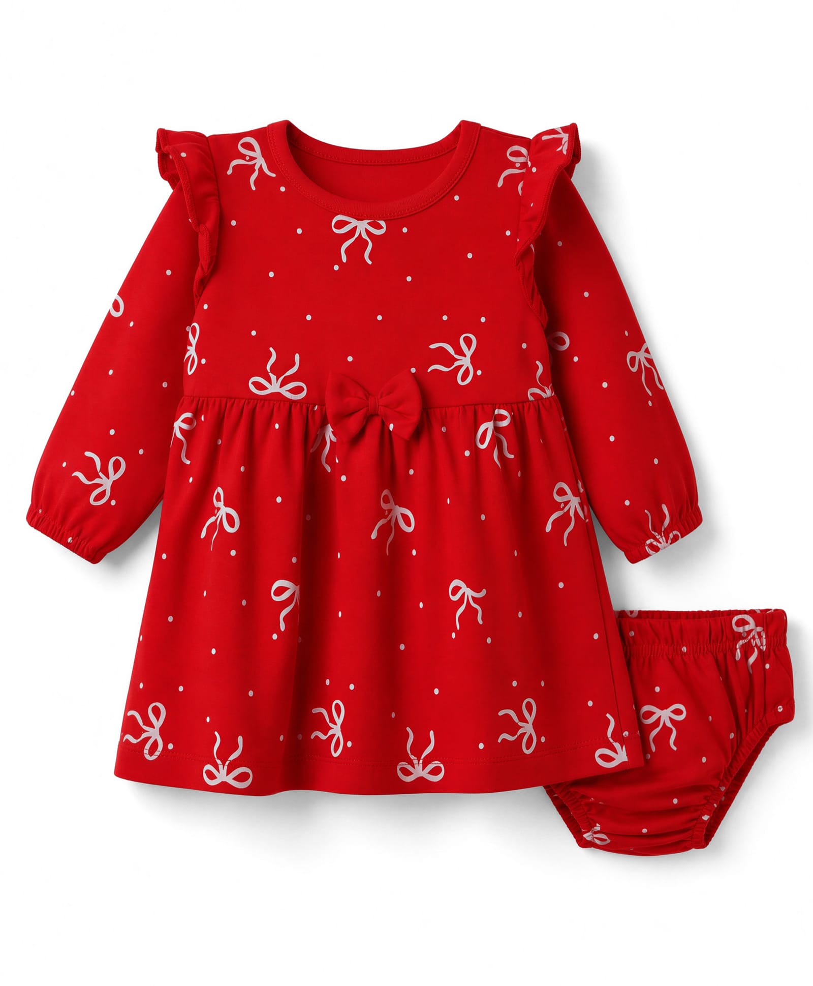 Doodle Poodle 100% Cotton Single Jersey Knit Full Sleeves Bow Printed Frock With Bloomer & Applique - Red-picture-30