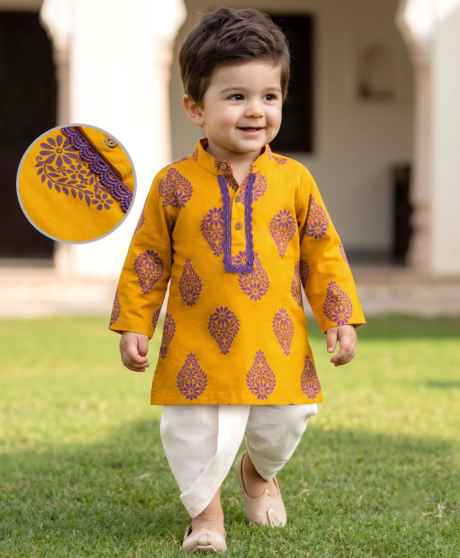 EARTHY TOUCH 100% Cotton Knit Full Sleeves Floral Printed Kurta & Dhoti Set - Yellow