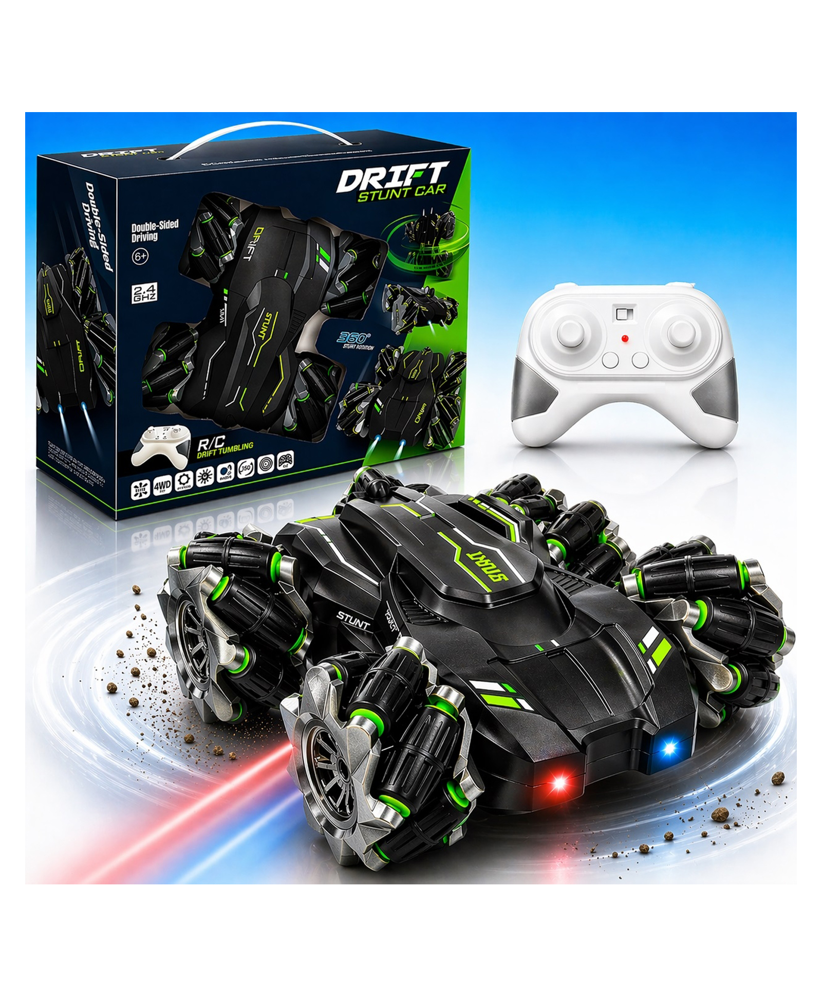 NHR Dual-Sided RC Stunt Car with Drift Wheels, LED Lights & 2.4GHz 4WD Remote Control-image-3