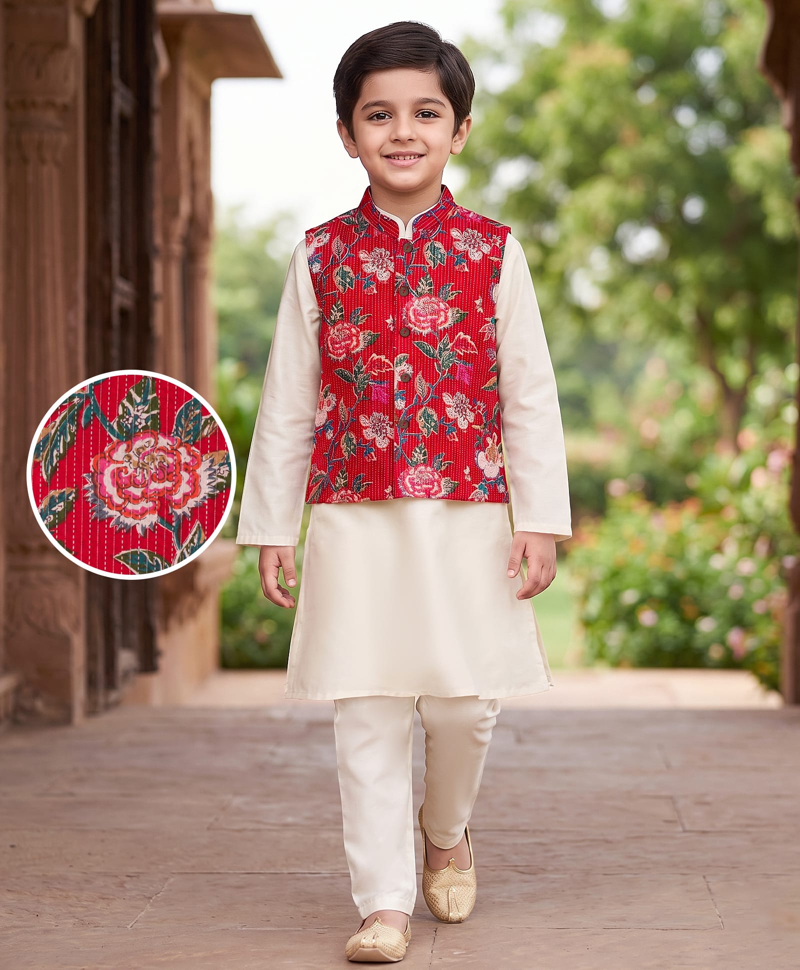 EARTHY TOUCH Cotton Woven Full Sleeves Solid Colour Kurta Pajama Set with Floral Printed Nehru Jacket - Off White & Red-picture-25