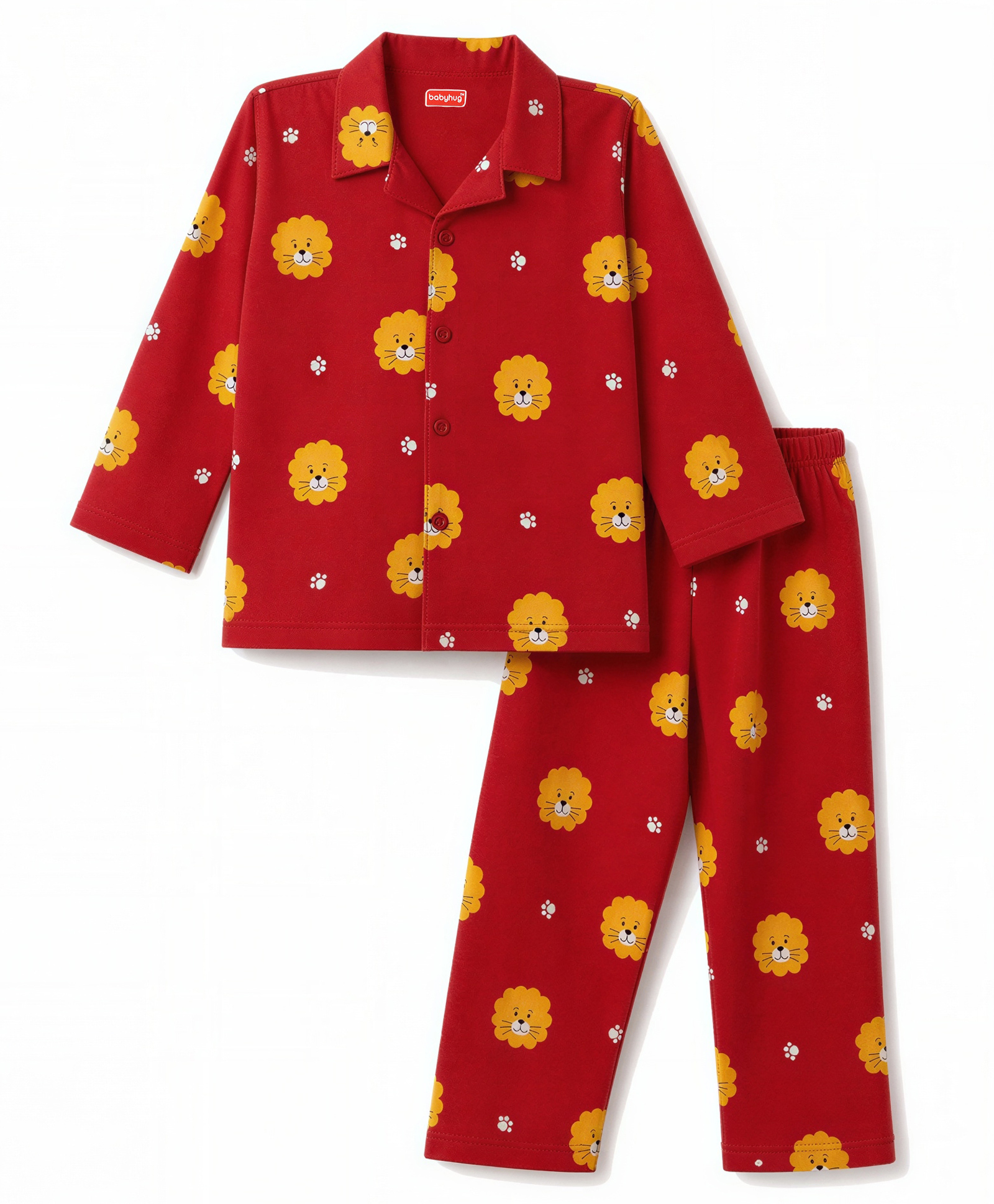 Babyhug Cotton Knit Full Sleeves Co-Ords Shirt & Pyjama Night Suit with Lion & Paw Print - Maroon-image-34