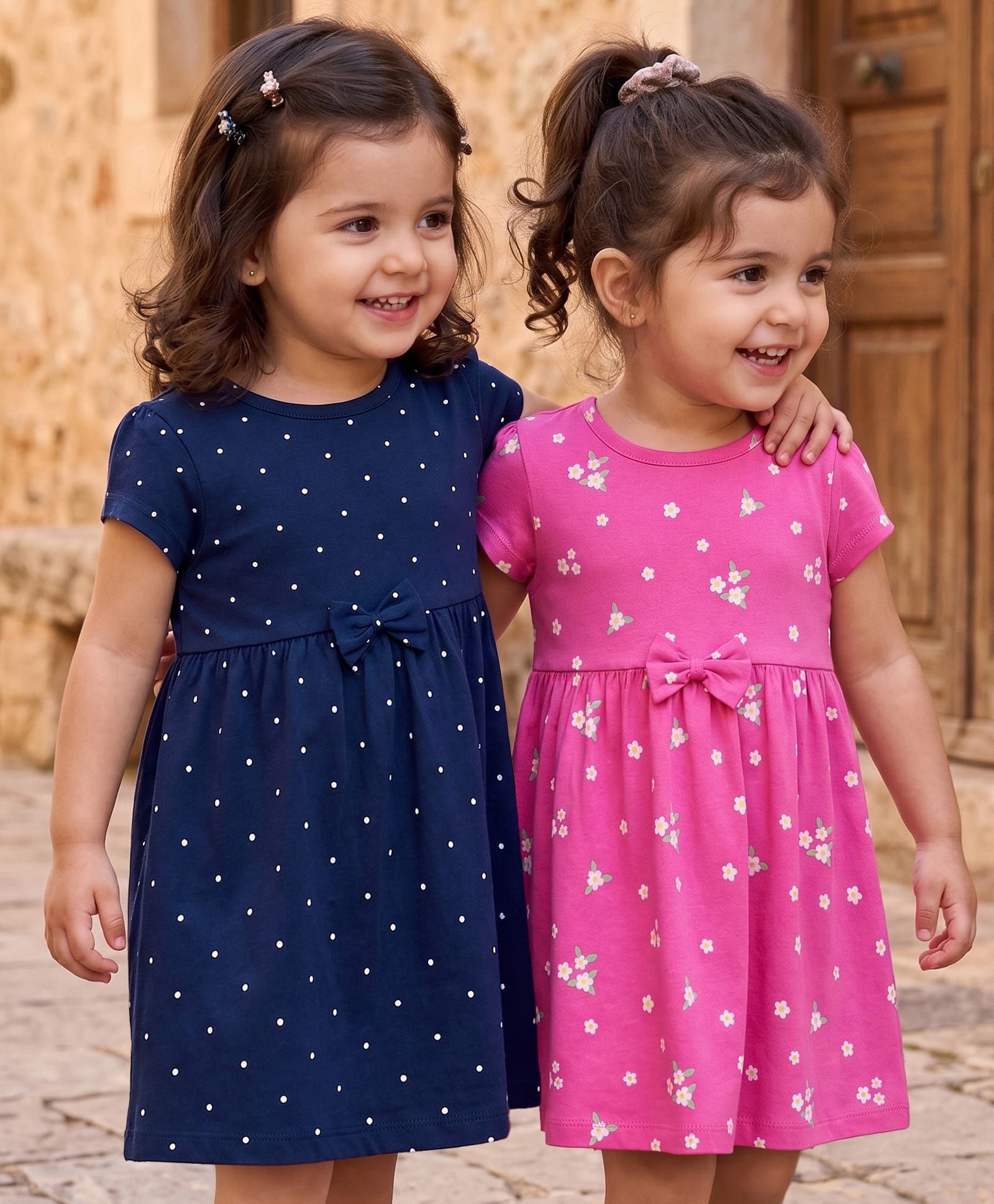 Babyhug Single Jersey Knit Half Sleeves Polka Dot & Floral Printed Frock With Bow Applique Pack of 2 - Pink & Navy Blue-picture-20