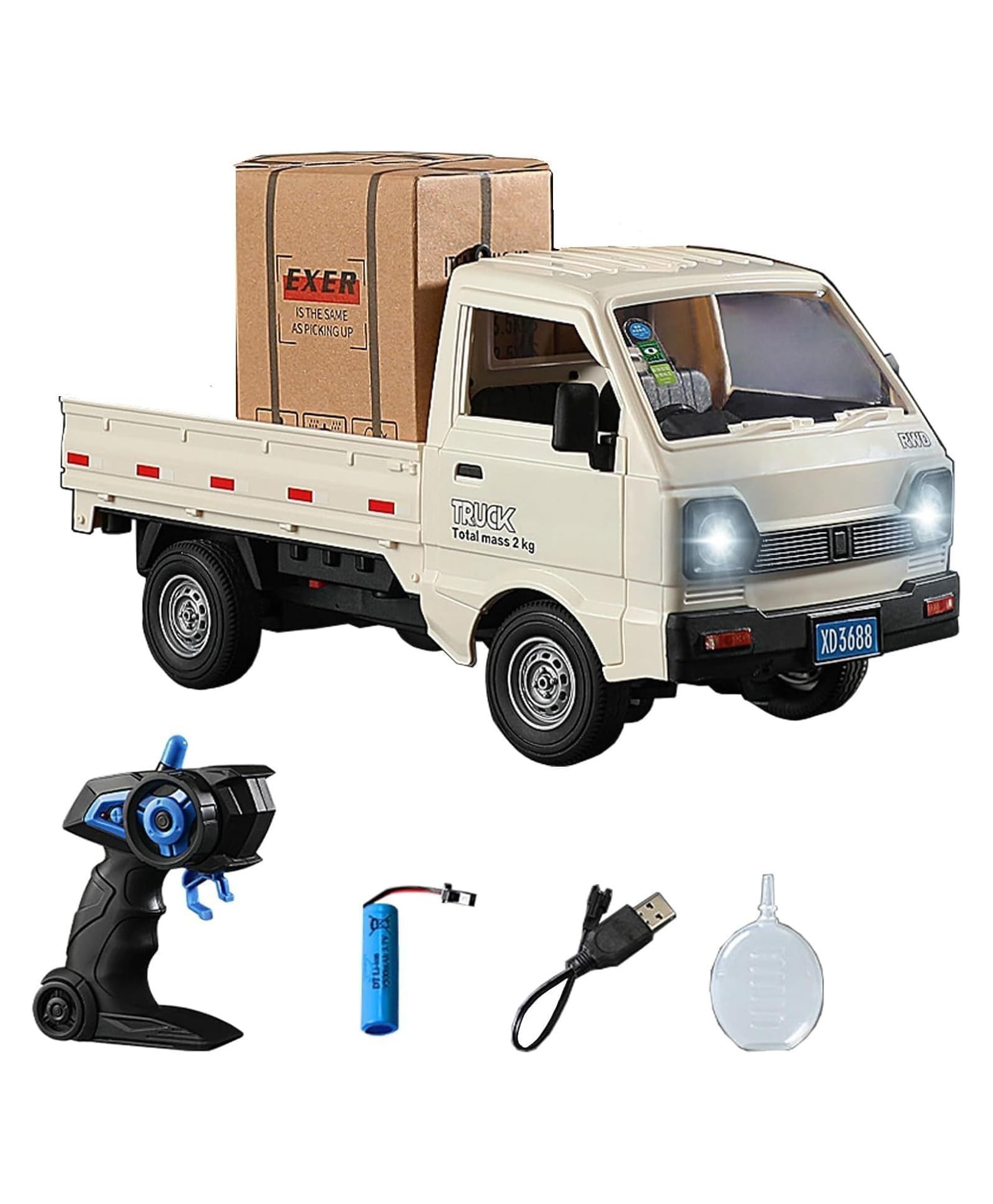 HAPPY HUES RC Mini Delivery Truck for Kids - Blue Cargo Pickup Van with Water Spray Smoke Effect, LED Lights & Music - Rechargeable Battery & DIY Cardboard Boxes - Perfect Gift for Boys & Girls-image-2