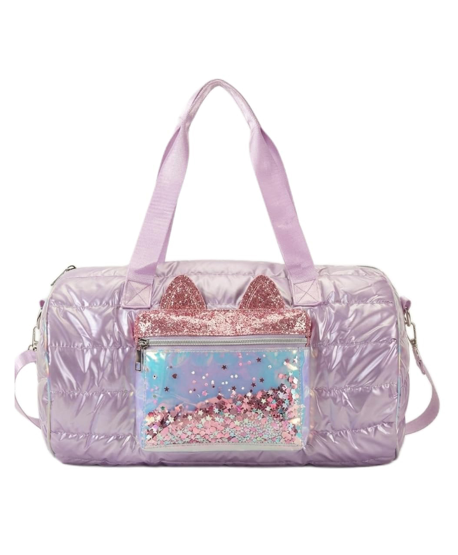 HAPPY HUES Quilted Duffel Bag for Girls - Sparkling Glitter Cat Ears Travel Bag with Shakeable Star Confetti Pocket - Stylish Overnighter & Weekend Bag for Dance, Gym-picture-14