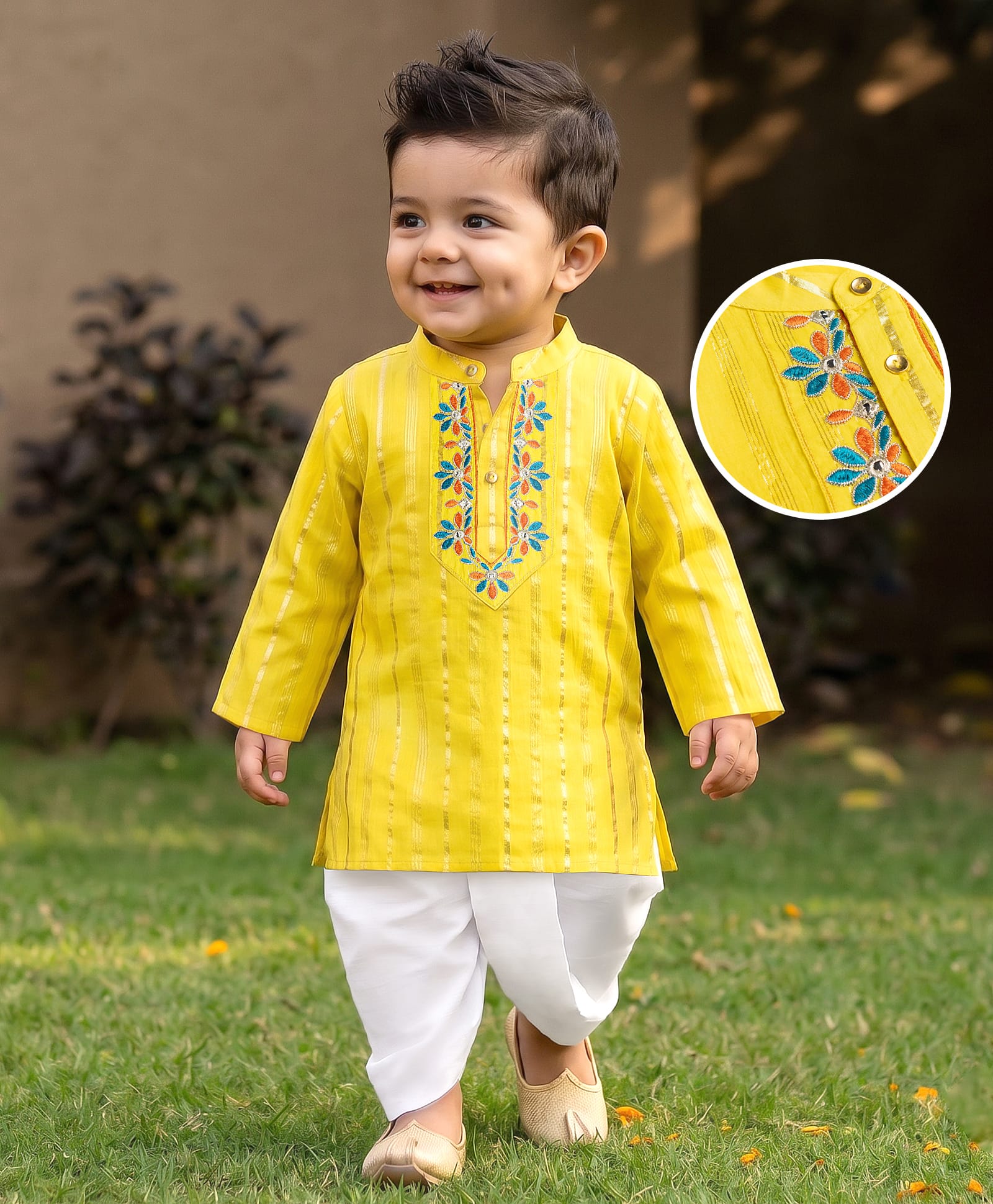 EARTHY TOUCH Cotton Woven Full Sleeves Floral Embroidered Kurta Dhoti Set - Yellow-picture-19